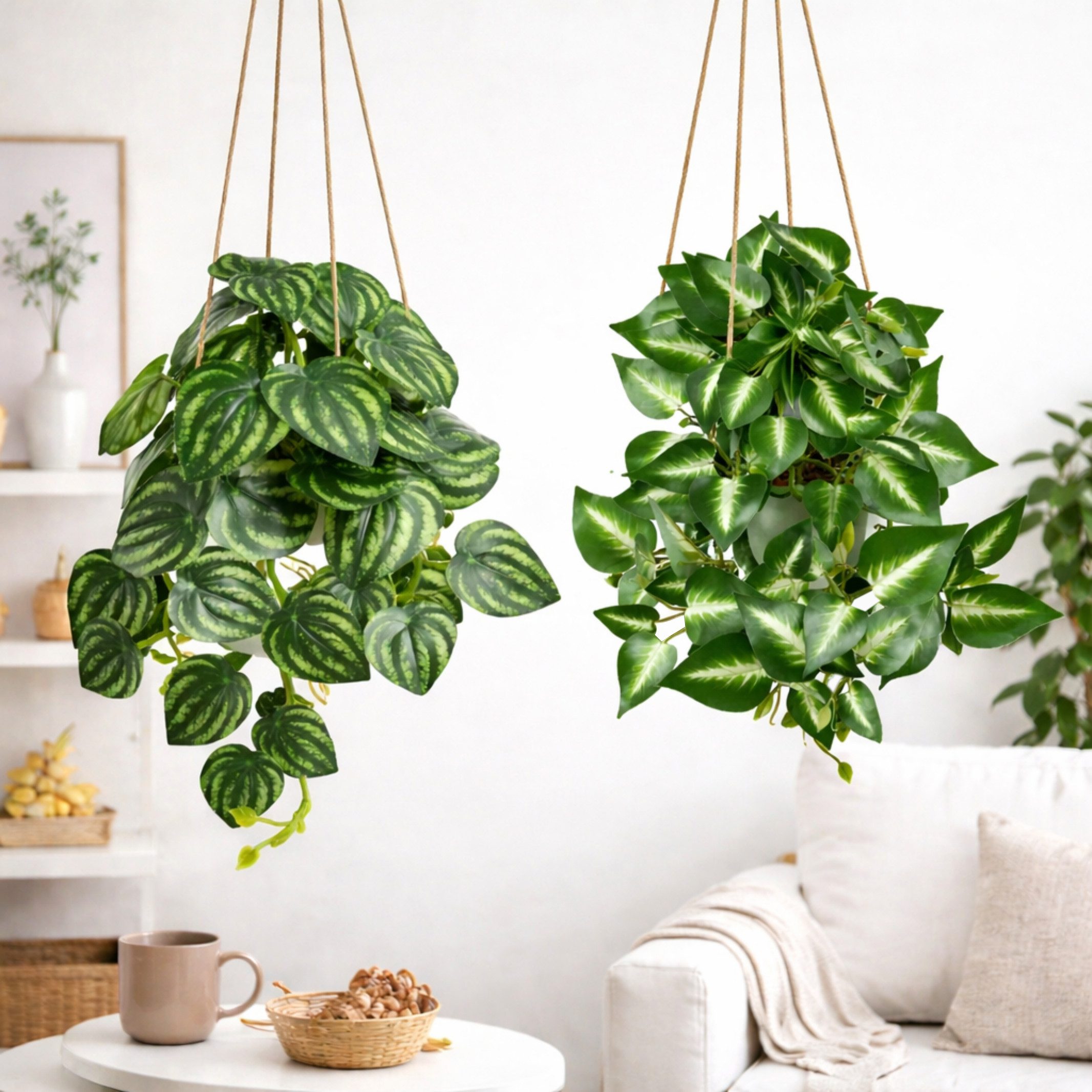 Kunstpflanze Künstliche Hängepflanzen im bruchfesten Topf, Hängepflanze künstlich Efeu, Monstera, Philodendron, Calathea, Pfeilblatt, Mosaik- & Zebrapflanze, PASCH, Bruchfester weißer Kunststofftopf