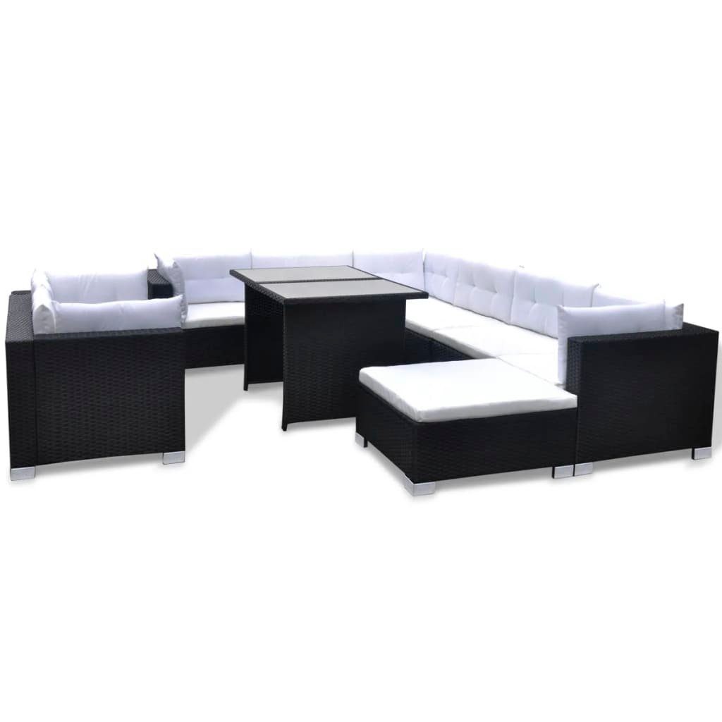 Auflagen mit vidaXL (10-tlg) Gartenlounge-Set Rattan 10-tlg. Schwarz, Garten-Lounge-Set Poly