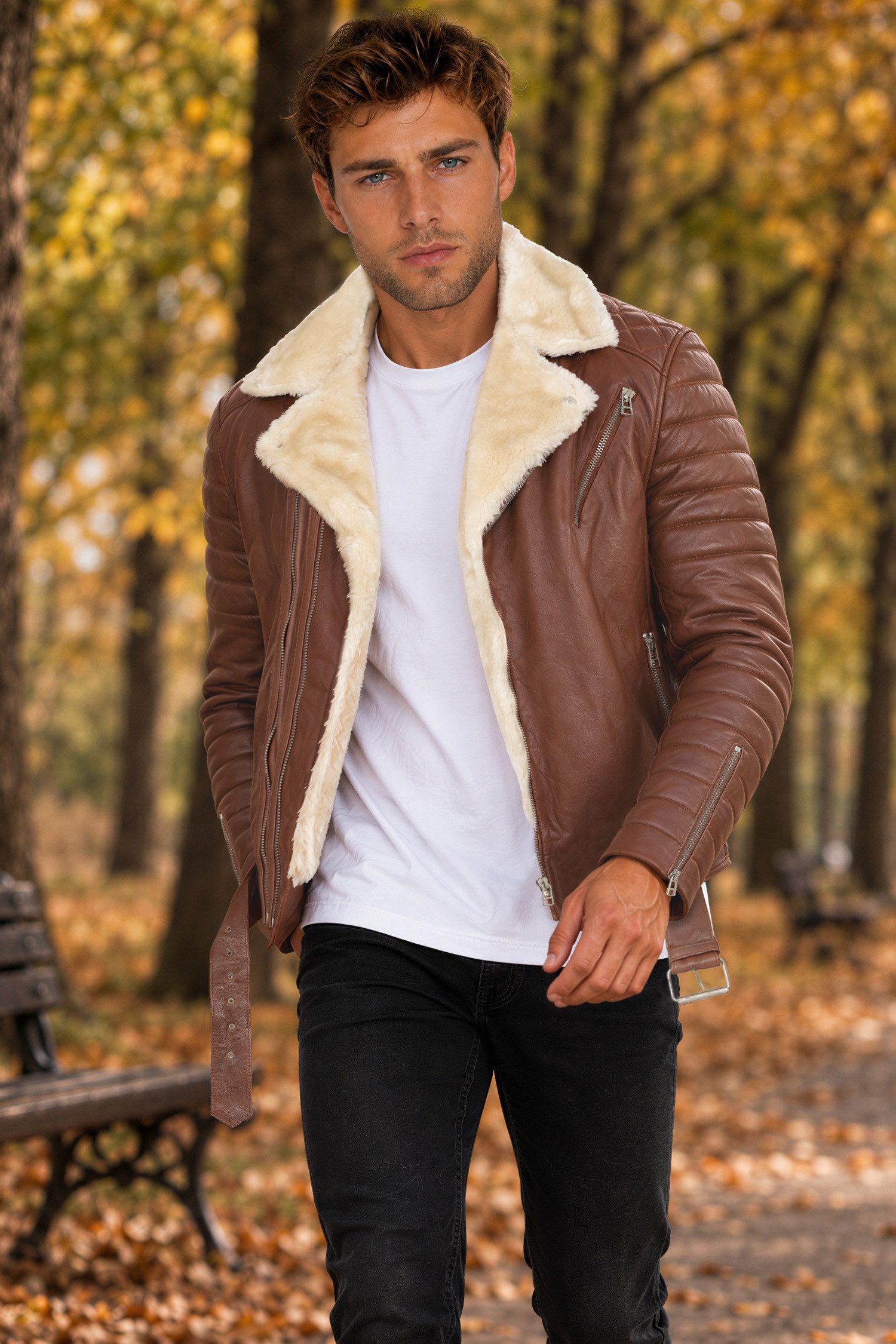 Reichstadt Lederjacke Herren Slim Fit Bikerjacke Black Zipper RS008LUX gefüttert mit Steppmustern – Bild 3 von 5