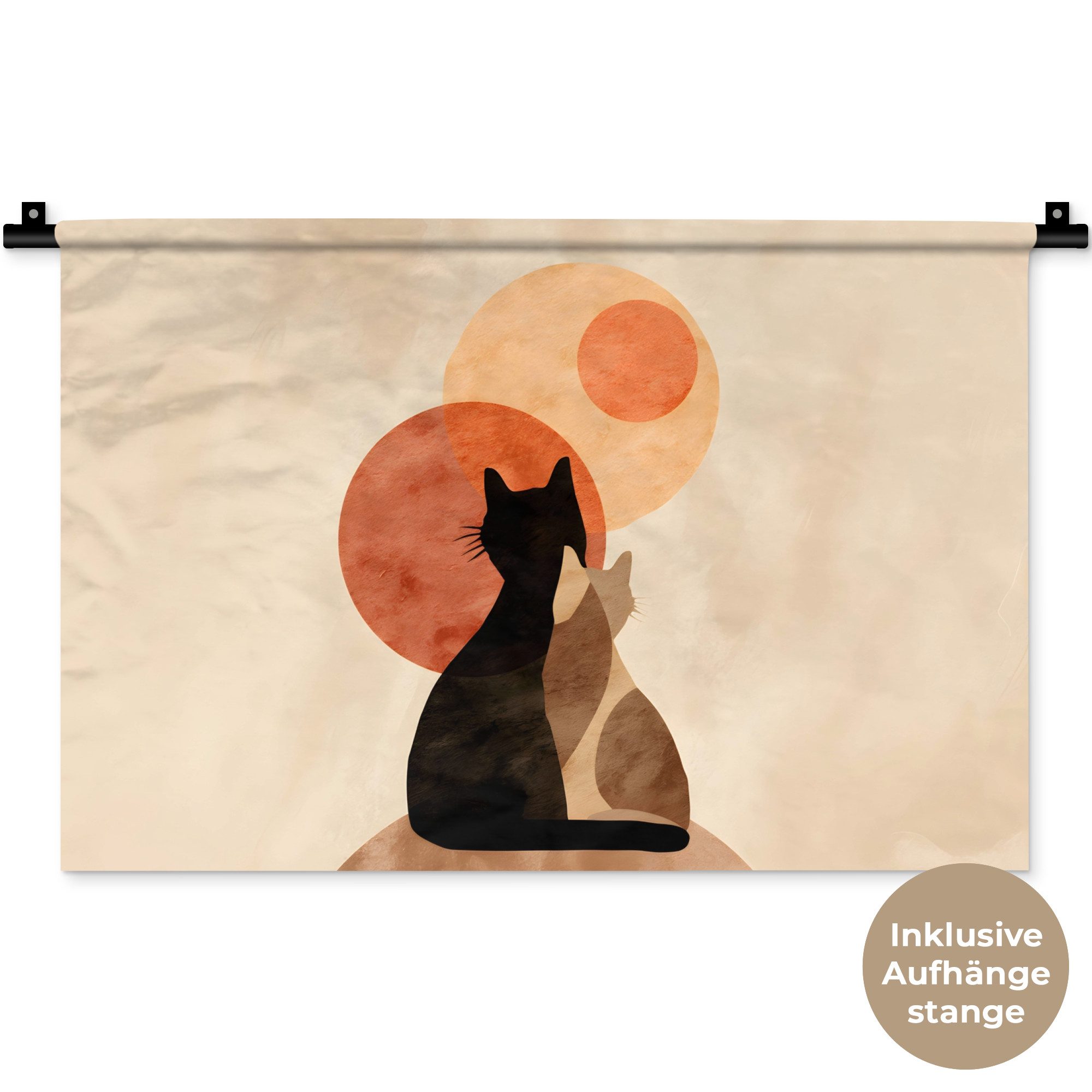 MuchoWow Wandteppich Katzen - Schwarz - Abstrakt - Kreise, Rechteckig, Höhe: 3 mm, Wandteppich für Wohnzimmer, Schlafzimmer, 60x40 cm