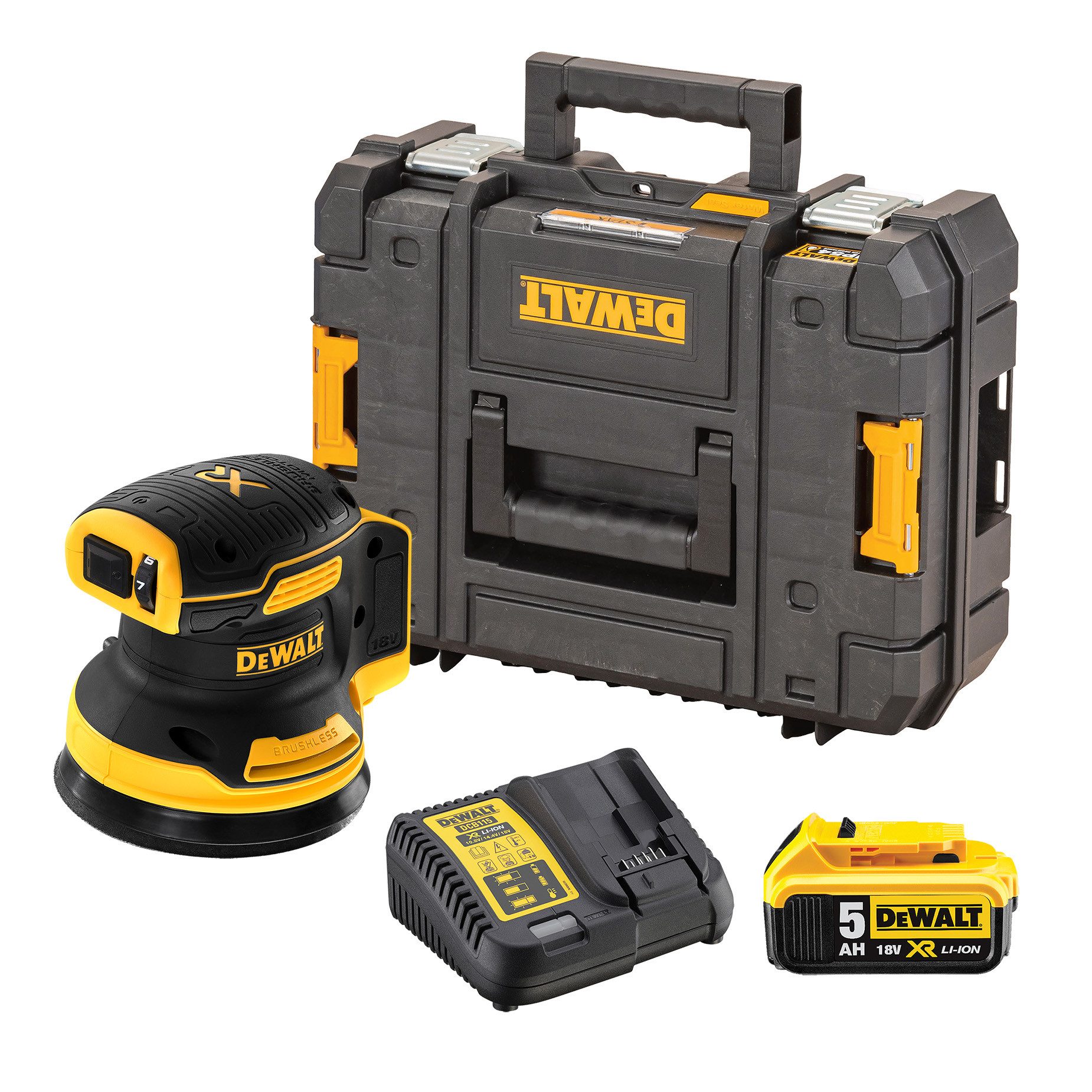 DeWalt Akku-Exzenterschleifer Set DCW210N (bürstenlos) 18V + DCB115 Schnellladegerät (10,8-18V), (Sparset), + 1x DCB184 18V/5Ah Akku, T STAK-Box II