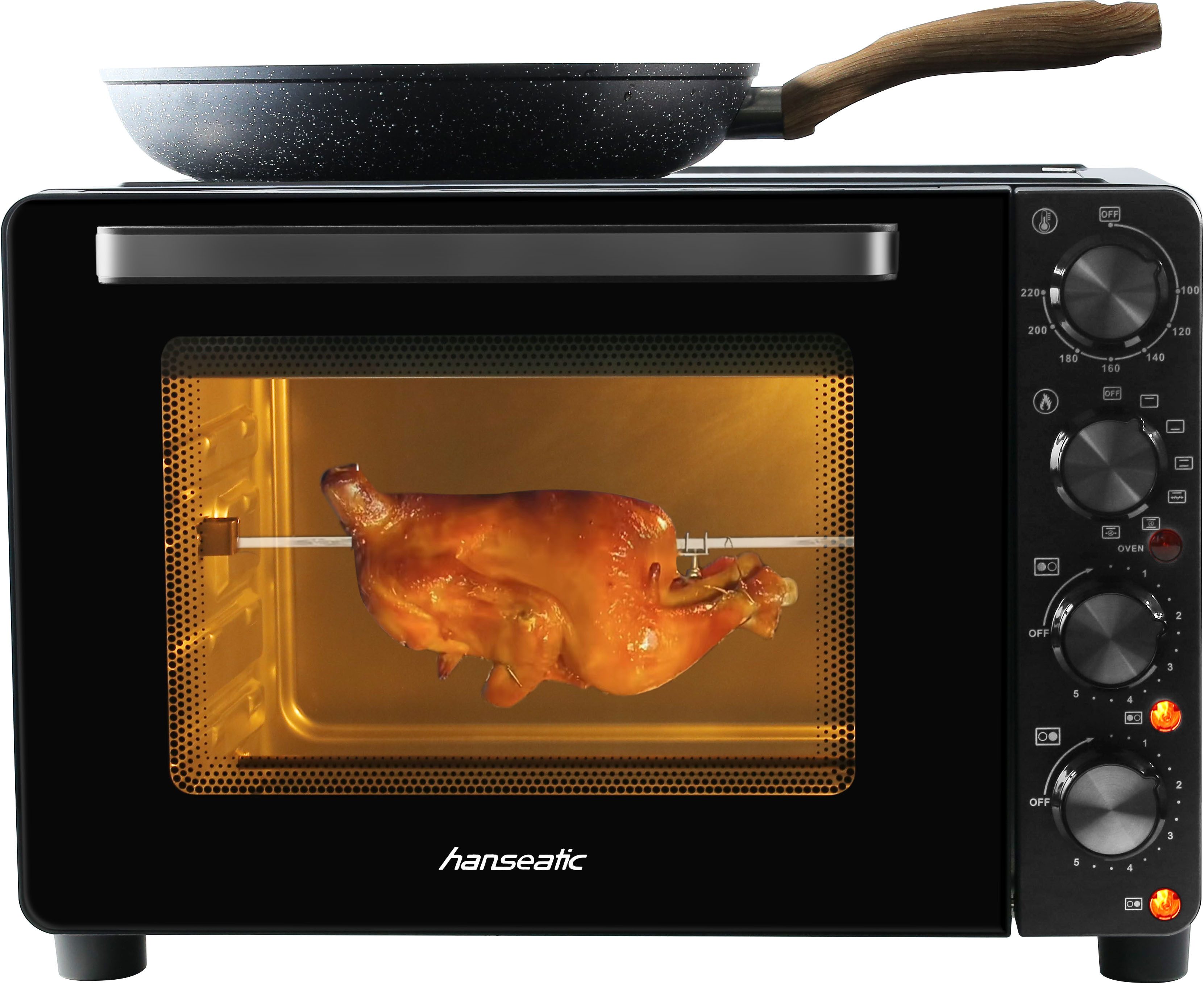 Hanseatic Multiofen HMO287BKB mit 2 Glaskeramik-Kochfeldern, Ober/Unterhitze/Umluft; 28L Garraum, Grillspieß