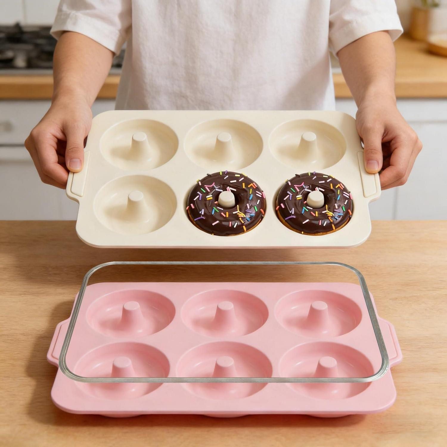 LuxusKollektion Donutform Donut Backform 2er Set Silikon Rosa/Beige 6 Hohlräume 10,2cm, (2-tlg)
