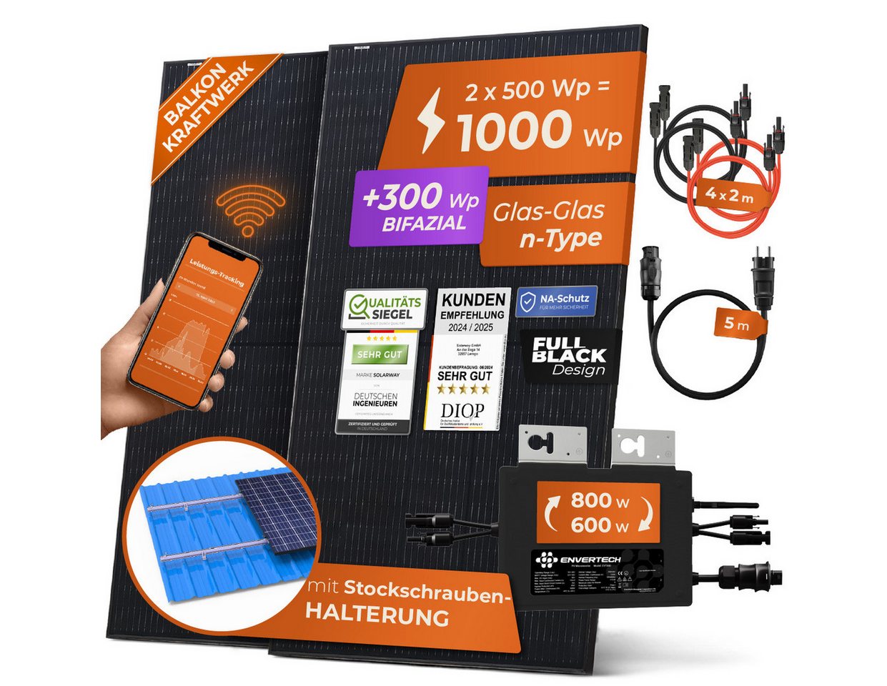 Thumbnail - Solarway Balkonkraftwerk 1000W Komplettset Solaranlage Steckdose, 1000,00 W, Monokristallin, (Solaranlage Komplettset Pr...