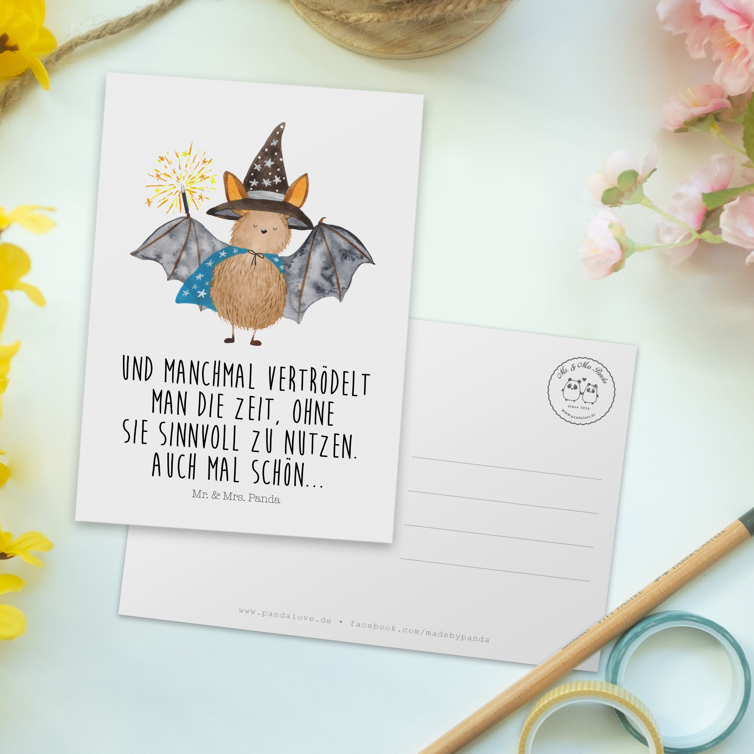 Mr. Geburtstagskarte, Geschenk, Postkarte - Zauberer & Panda - Weiß Fledermaus F Grußkarte, Mrs.