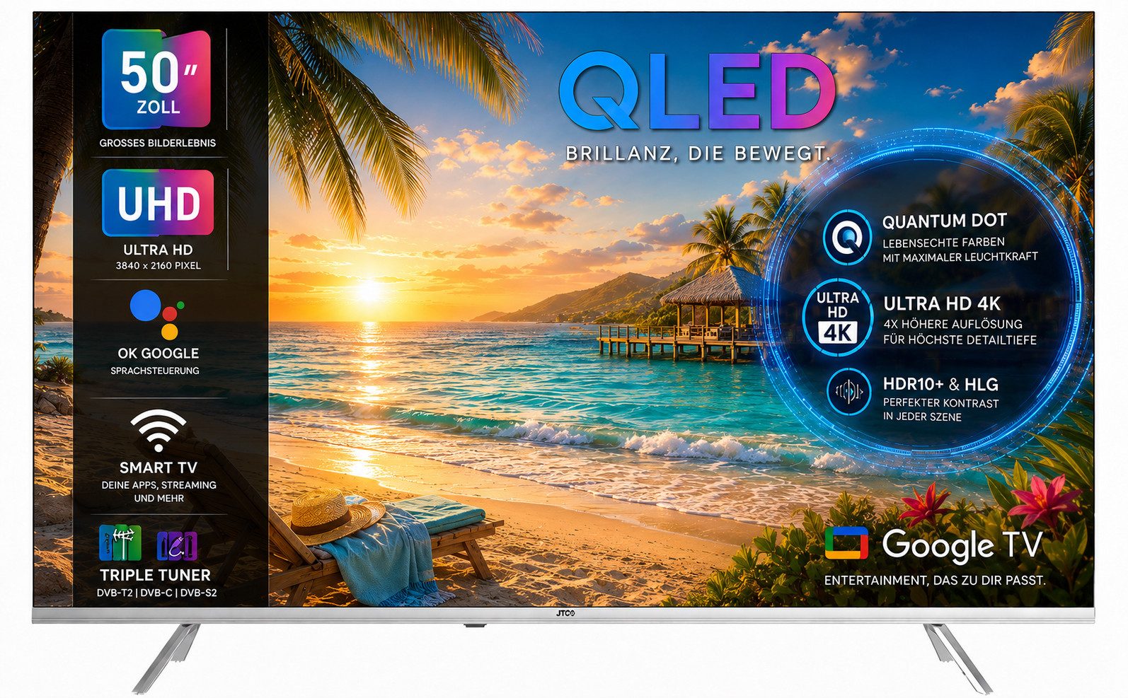 JTC-24 JTCSQ50U39505G QLED-Fernseher (126 cm/50 Zoll, 4K Ultra HD, Smart-TV, Google TV, Dolby Vision, Bluetooth, Triple Tuner, Sprachsteuerung)