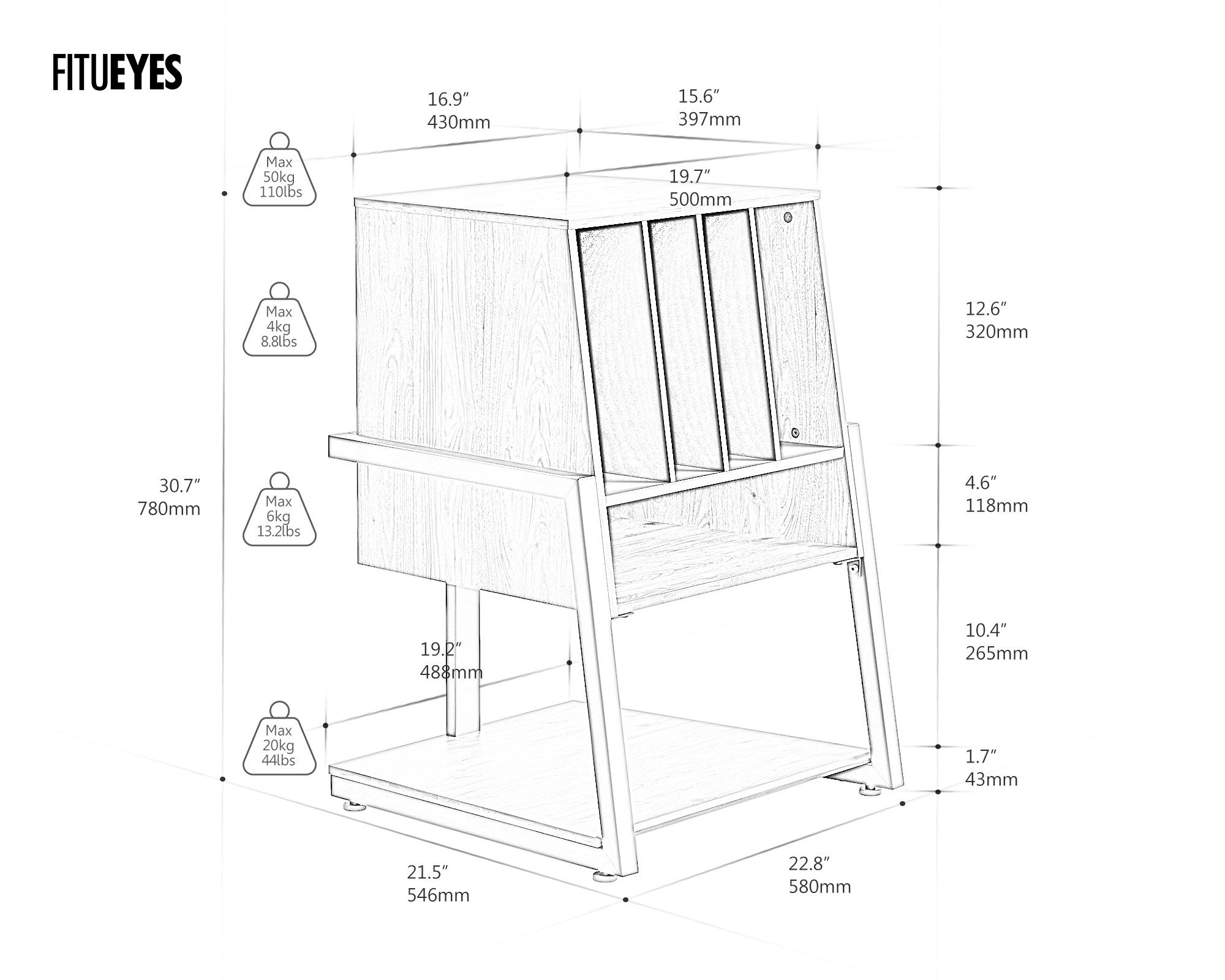 FITUEYES TV-Regal HIFI Rack, Phonomöbel, 5 Fächer, Stauraum für 120 Schallplatten, Für Plattenspieler, Schallplatten, Kompaktanlage