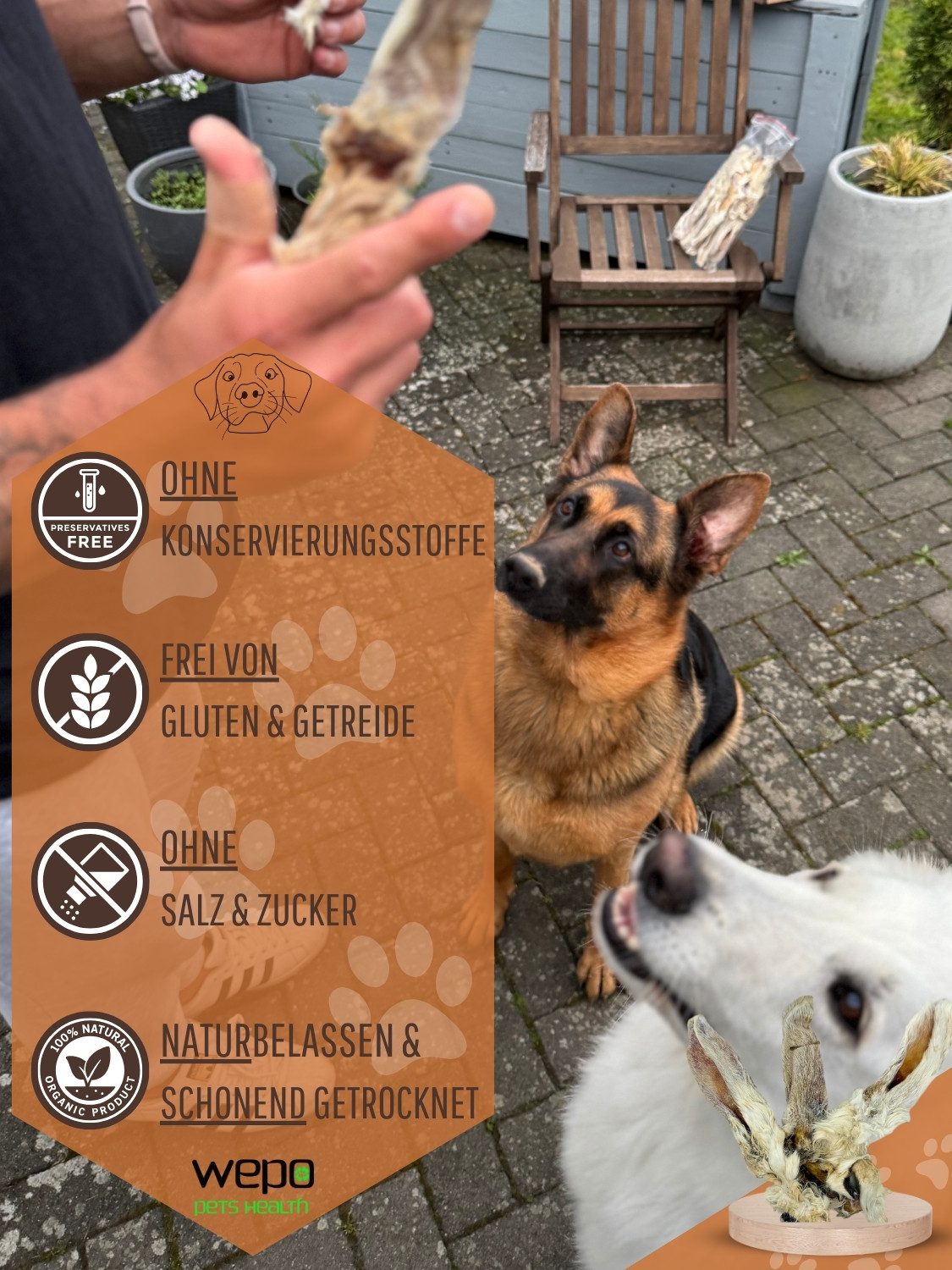 WEPO Kaninchenohren mit Fell - Hasenohren - Hunde Leckerli Kaninchen, BARF für: Hunde, Katzen, Premium BARF-Snack!