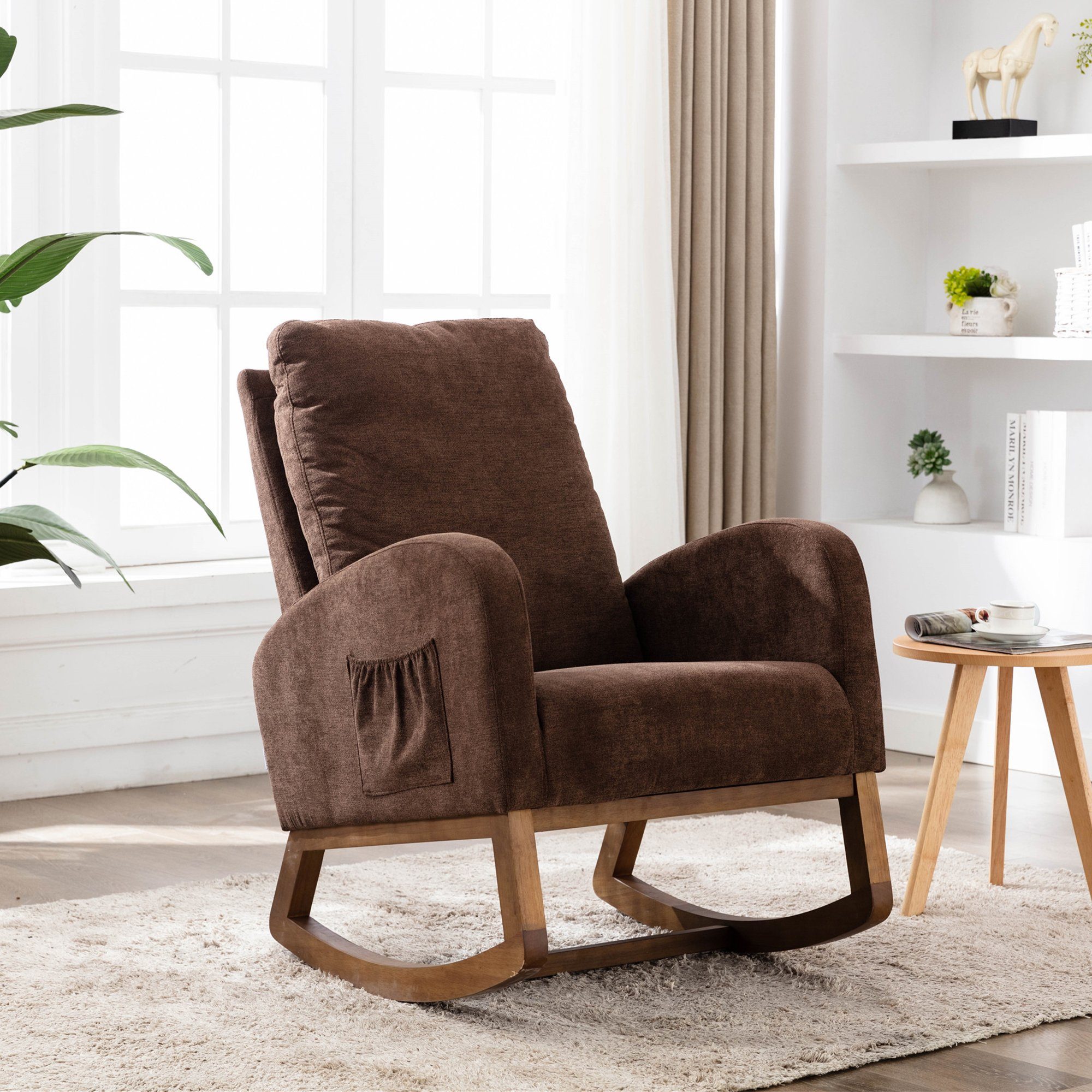 OKWISH Polsterstuhl Schaukelstuhl Wohnzimmerstuhl Relax Stuhl Sessel (mit Seitentaschen, mit hoher Rückenlehne), Baby- und Kindergepolsterter Schaukelstuhl braun