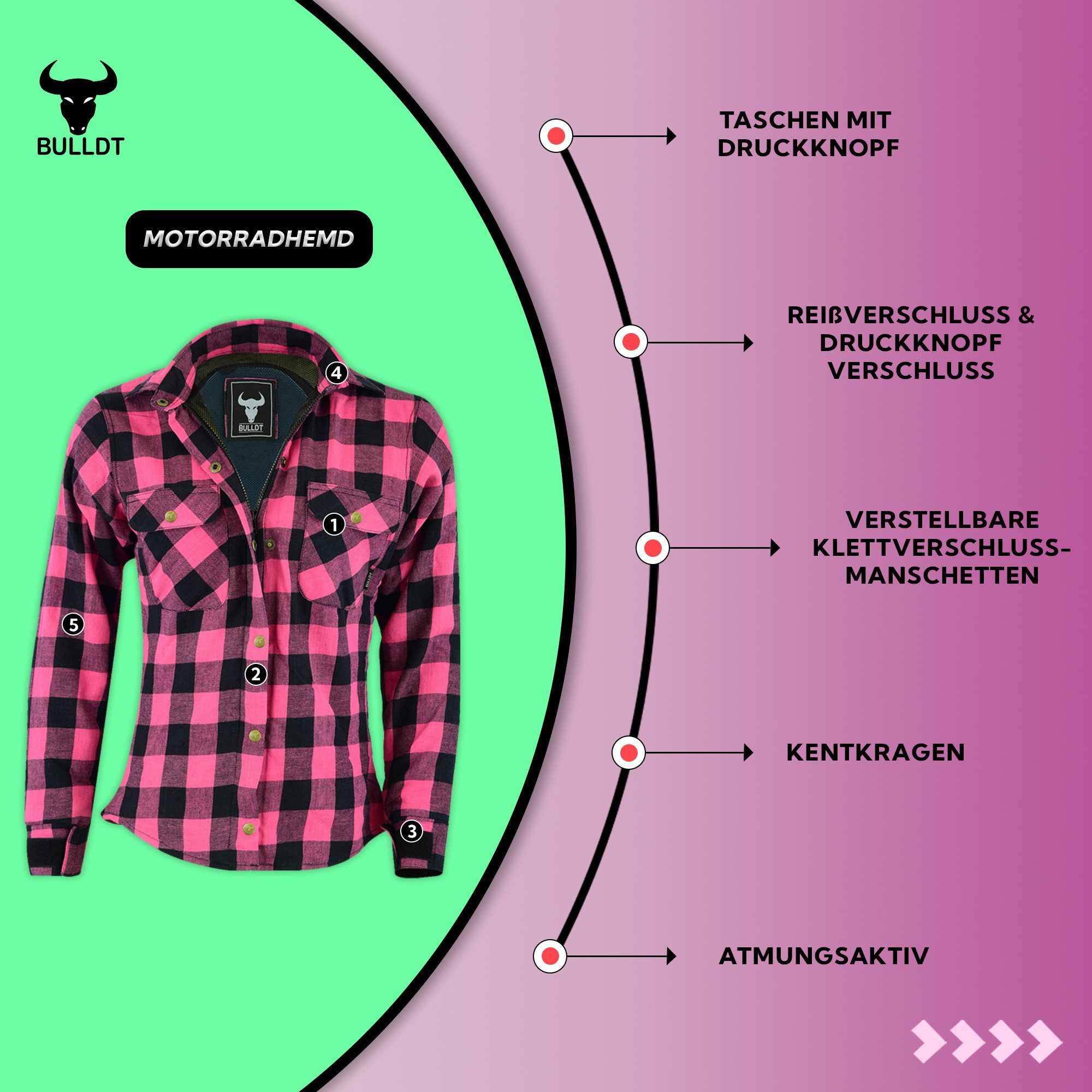 BULLDT Motorradjacke BLD1200 (mit 4 CE-Protektoren) Damen Motorradhemd Lumberjack Hemd Futter aus Aramid-Kevlar-Fasern