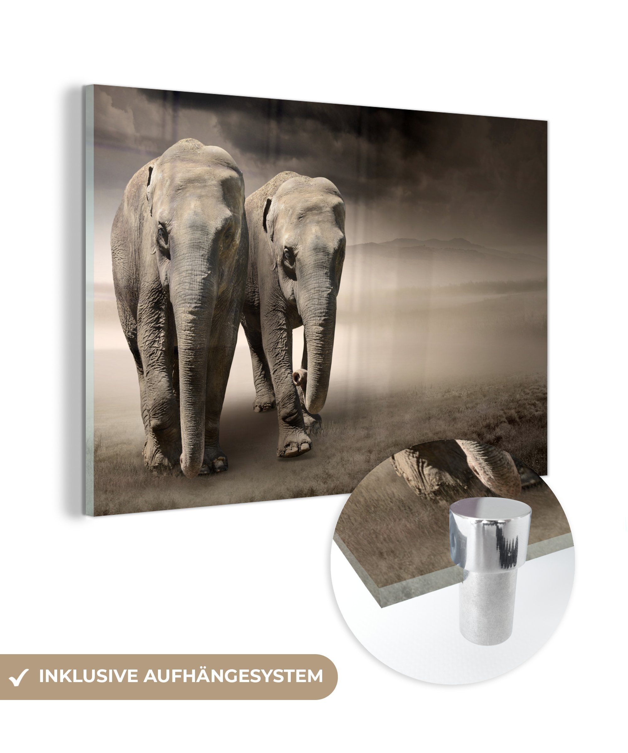 MuchoWow Acrylglasbild Elefant - Berg - Nebel, (1 St), Glasbilder - Bilder auf Glas Wandbild - Foto auf Glas - Wanddekoration