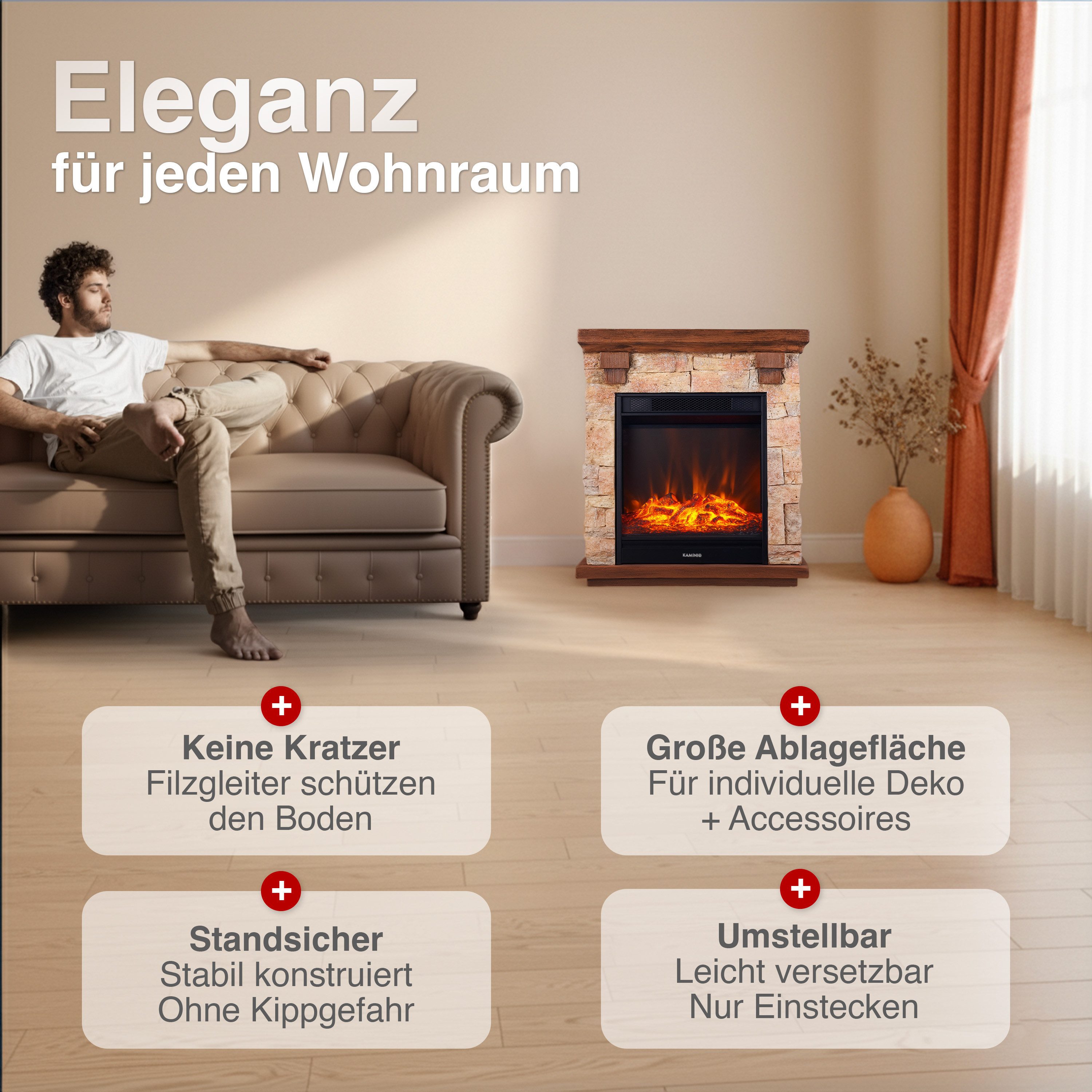 KAMINIO Elektrokamin JUAN, Elektrischer Kamin mit 3D-Flammeneffekt, Heizung 1800W