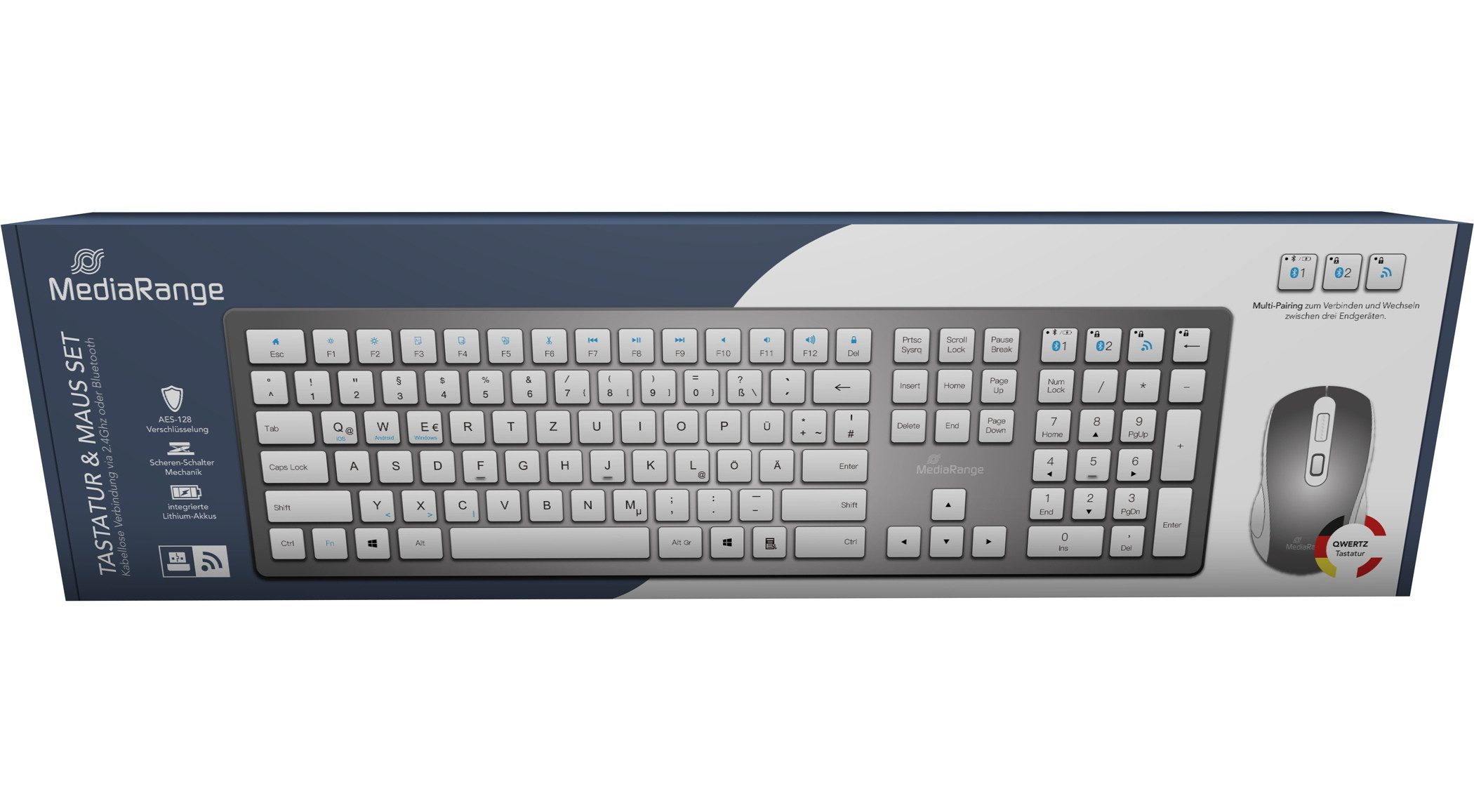 Mediarange Set Bluetooth, Funk Maus und Tastatur 4 Tasten kabellos weiß MROS135 Tastatur- und Maus-Set