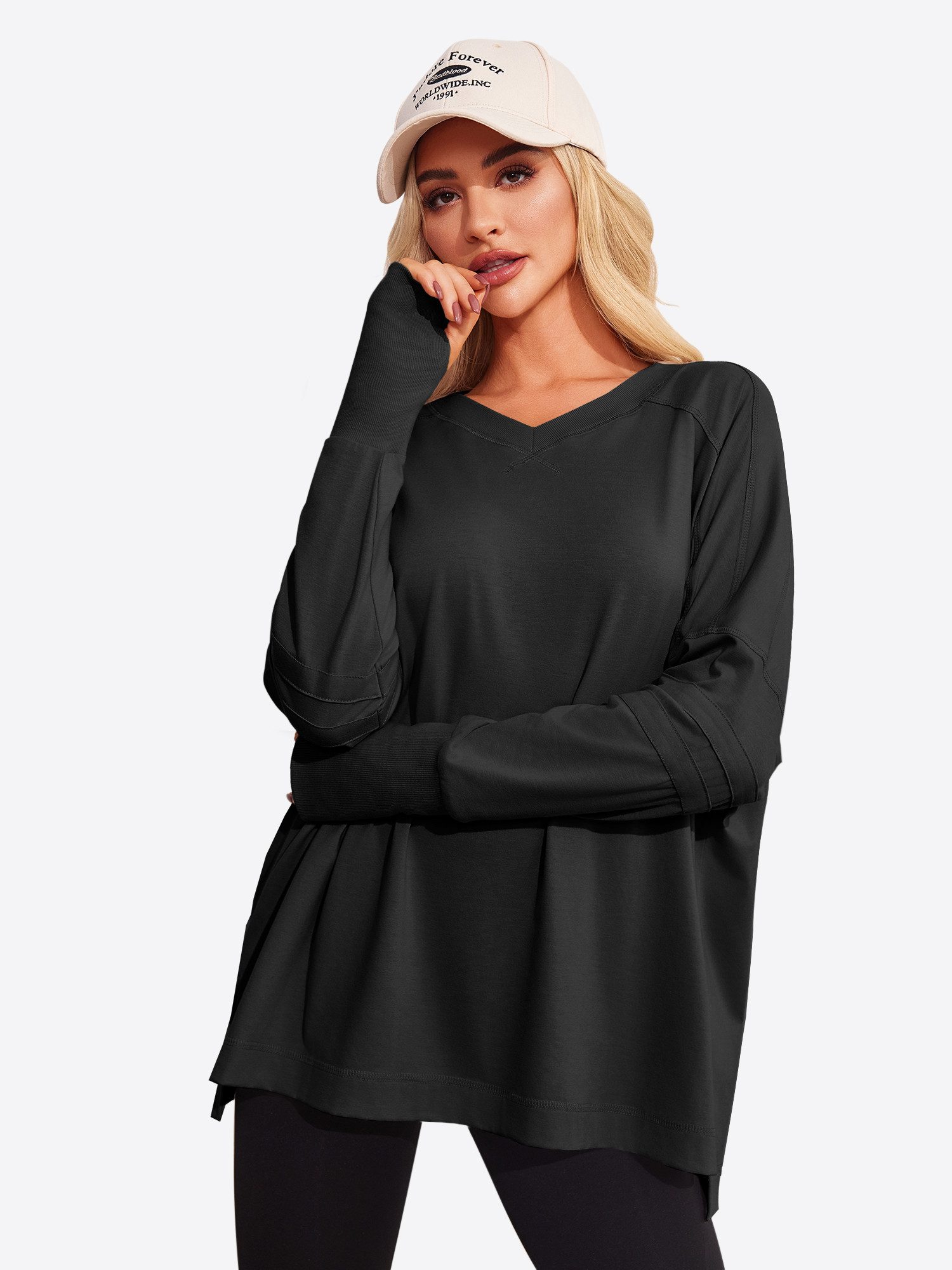 Imily Bela Langarmshirt Damen Oversize mit V-Ausschnitt Raglanärmeln und Daumenlöchern (Packung, 1-tlg., 1per-Pack) in Unifarbe