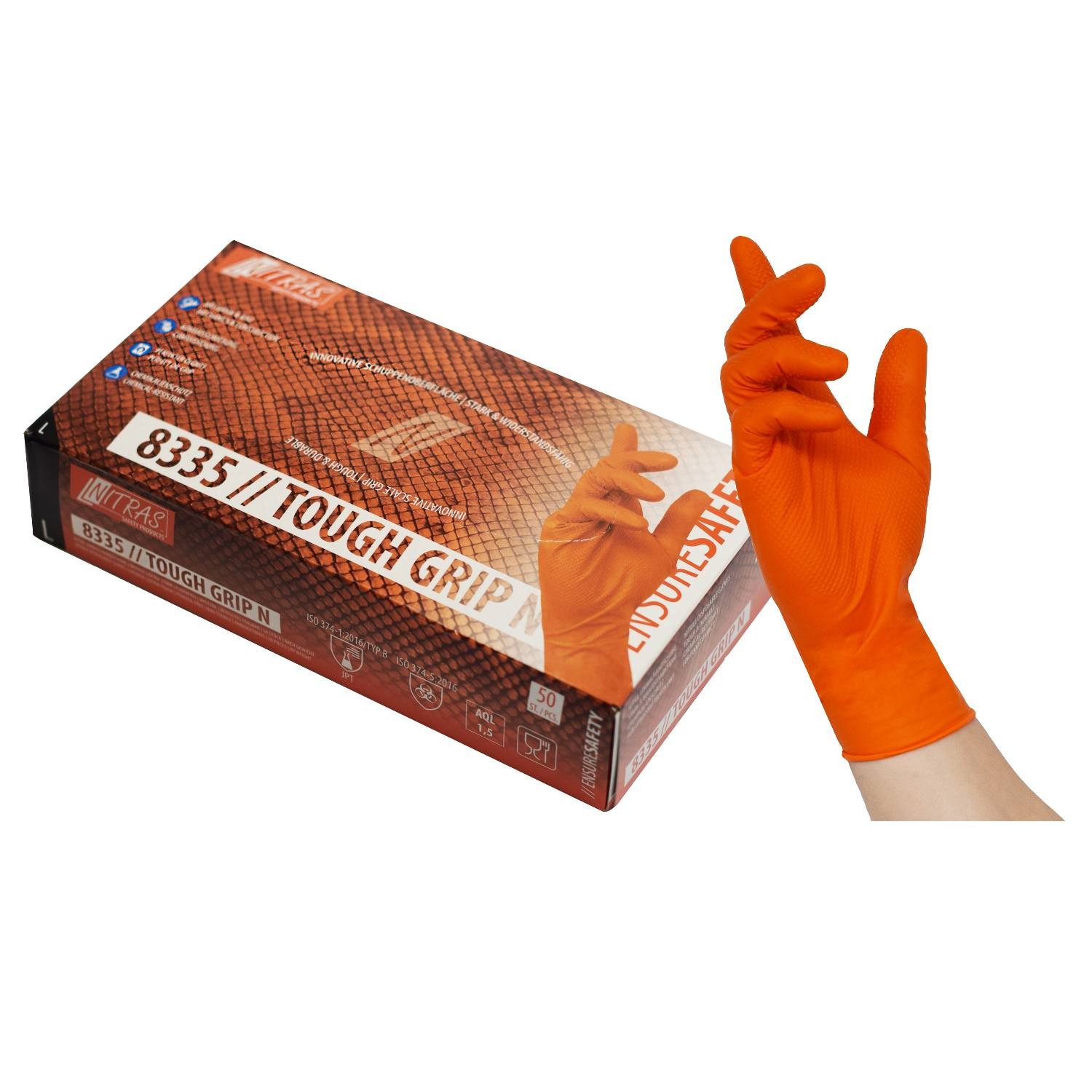 Nitras Einweghandschuhe 8335 Einmalhandschuhe Nitril Touch Grip orange Box à 50 Stück Gr S-XXL ölbeständig/starker Grip