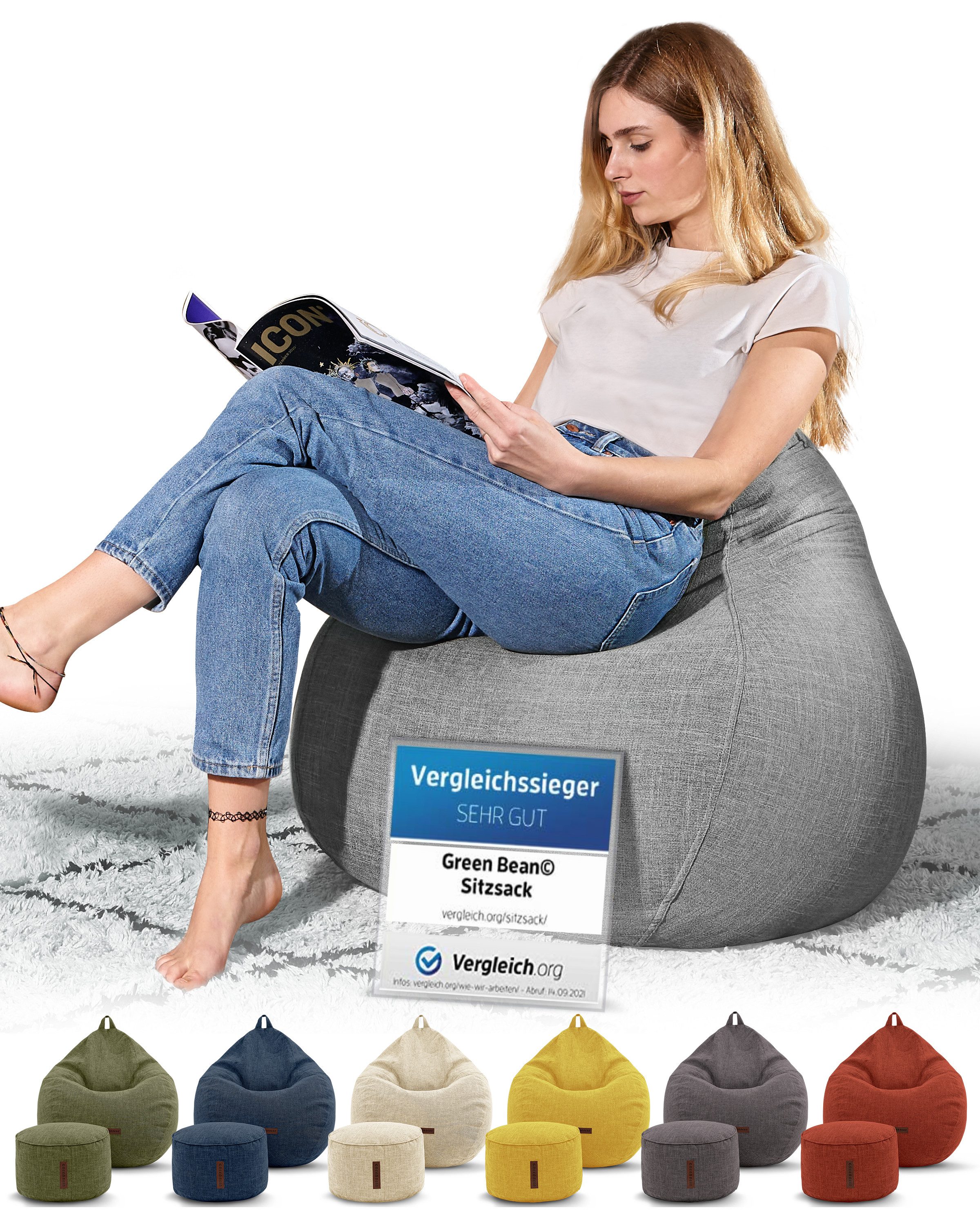 Green Bean Sitzsack Indoor Sitzsack XXL Home Linen +Hocker (2er Set Indoor Sitzsack 80x90x50cm + Sitzpouf 45x25cm mit EPS-Perlen Füllung -, Fußhocker Fußkissen Sitz-pouf Bodenkissen Liegekissen), Sitzkissen Lounge Chair Sitzhocker Relax-Sessel Bean Bag