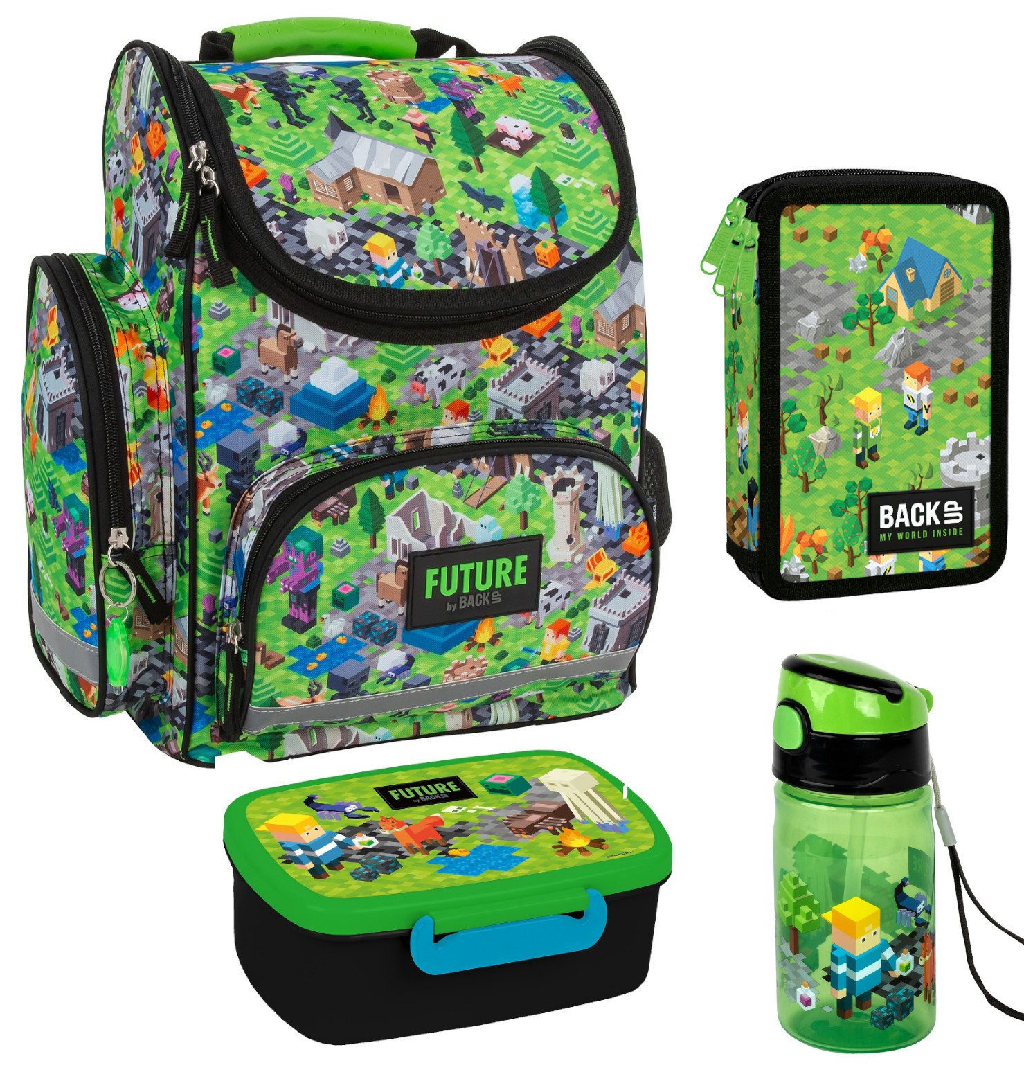 DERFORM Schulranzen Set Pixel Game Brotdose - Trinkflasche + 3 Fach Federmappe Federtasche (4-tlg)