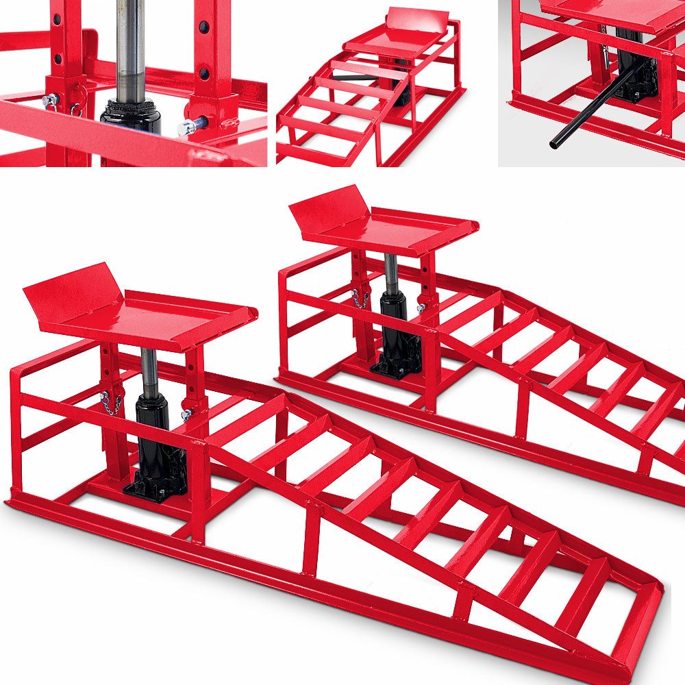 Bituxx Auffahrrampe 1 Paar Rot inkl. Wagenheber (2er Set, 2-St., MS-16786), mit hydraulischer Wagenheberfunktion