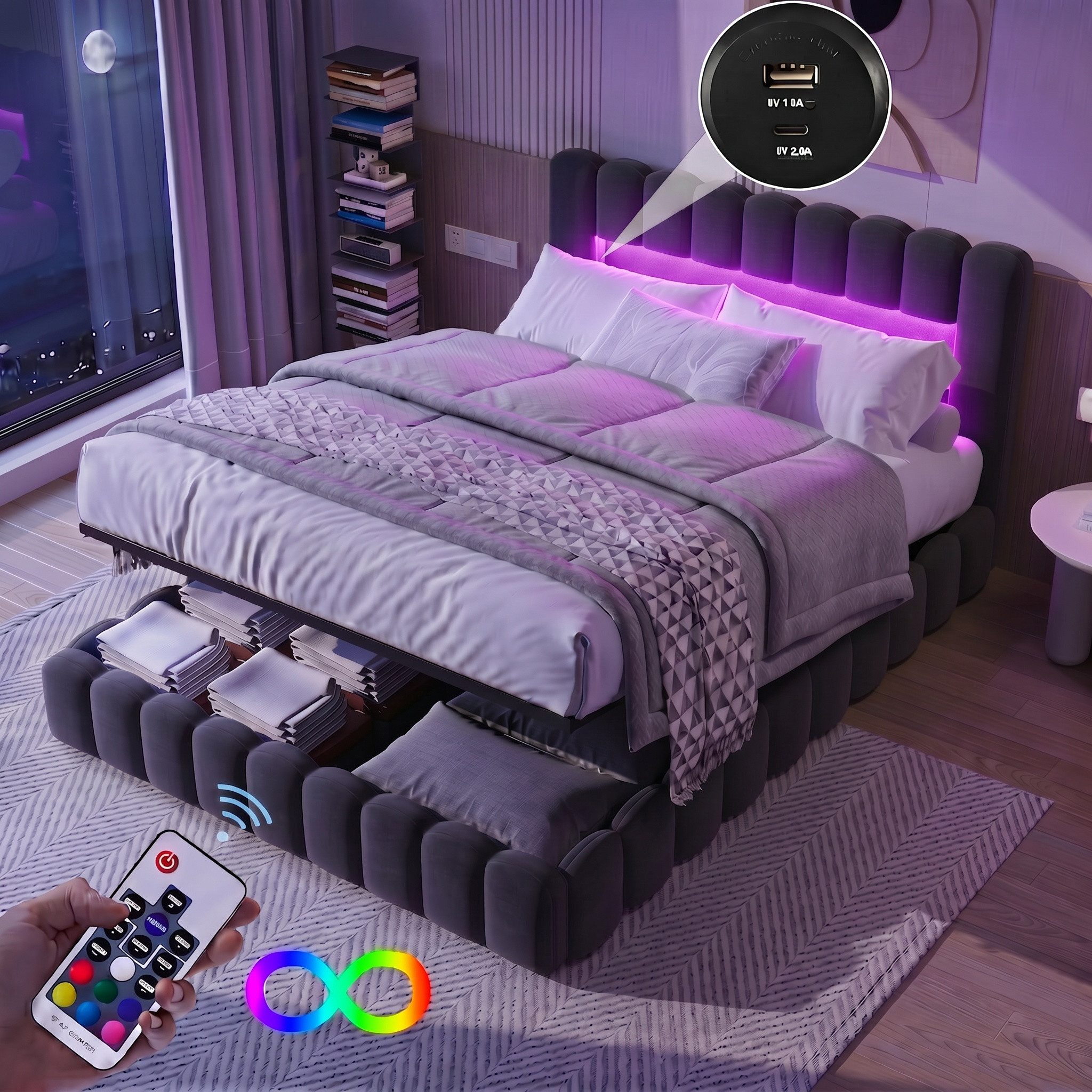 Furnishings Home Polsterbett Doppelbett Jugendbett (Set, Bett), Mit LED-Beleuchtung, USB & Type-c Anschlüsse, Leinen, 180x200 cm