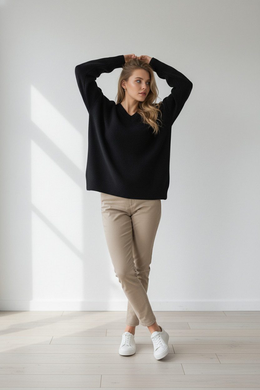 Zuckerwatte V-Ausschnitt-Pullover feingestrickt aus wertiger Viskose Stretch Mischung