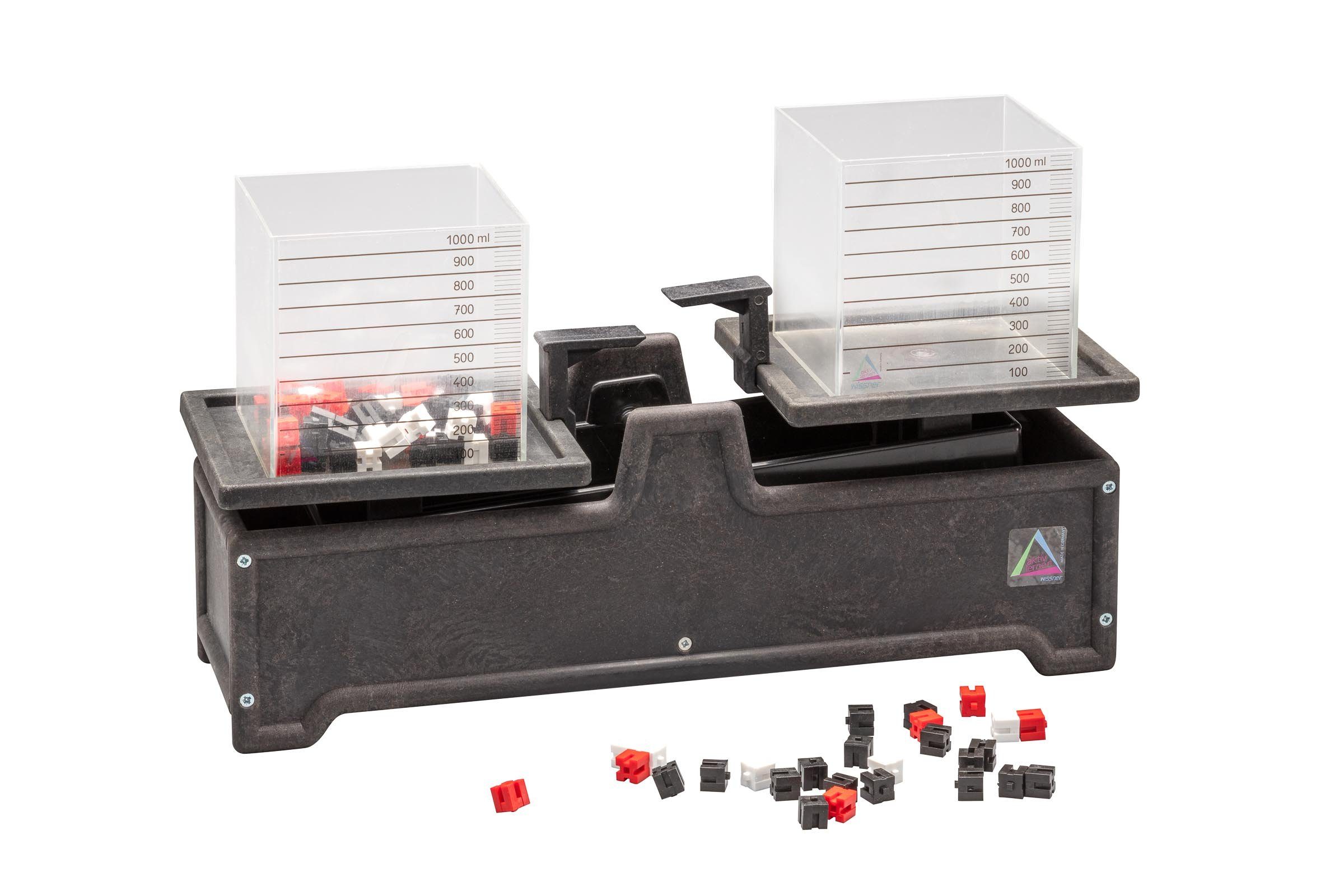 Wissner® aktiv lernen Lernspielzeug Tafelwaagensatz mit 2 Literboxen und Gewichtswürfel, Gewichte wiegen, RE-Wood®