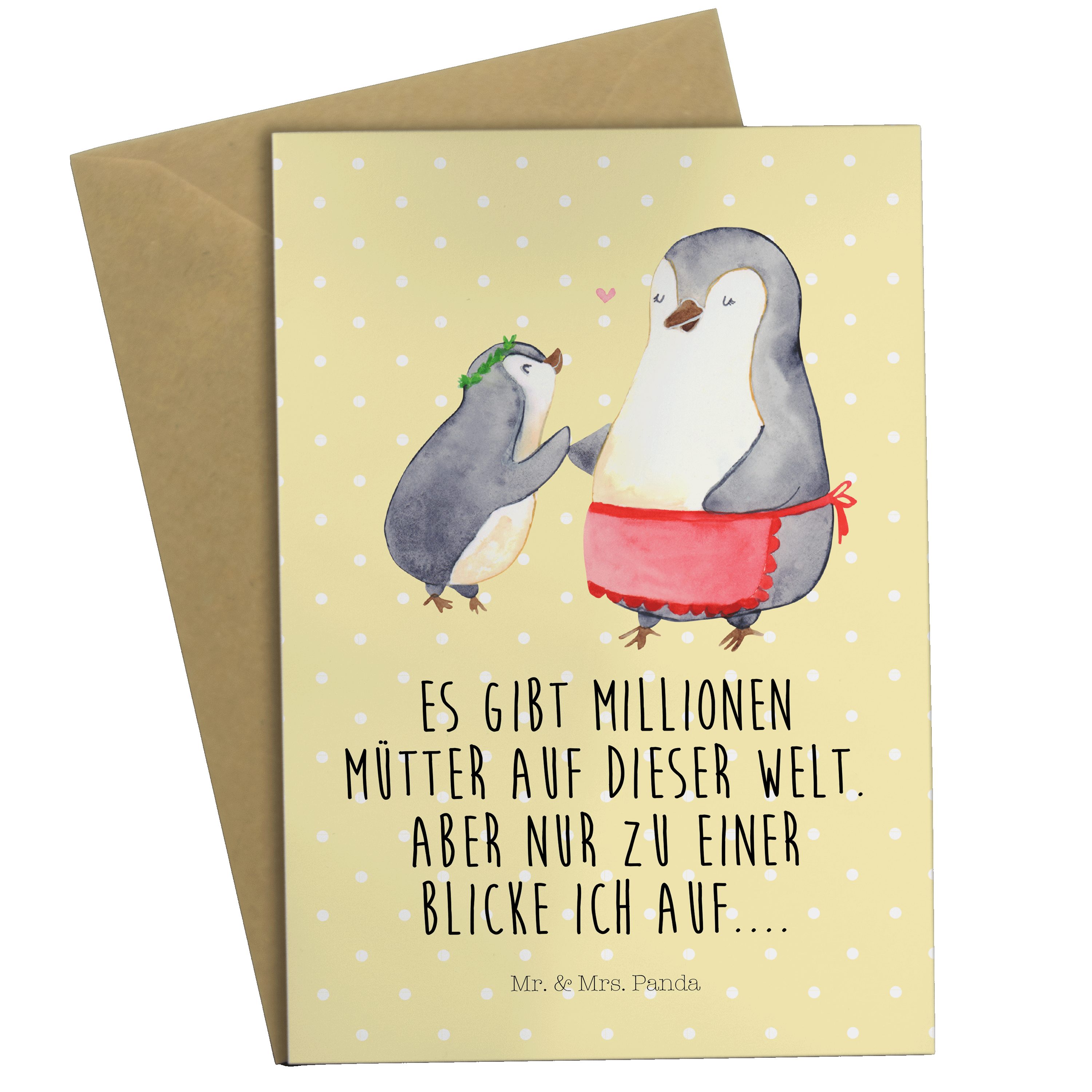 Mr. & Mrs. Panda Grußkarte Pinguin mit Kind - Gelb Pastell - Geschenk, Klappkarte, Tochter, Lieb