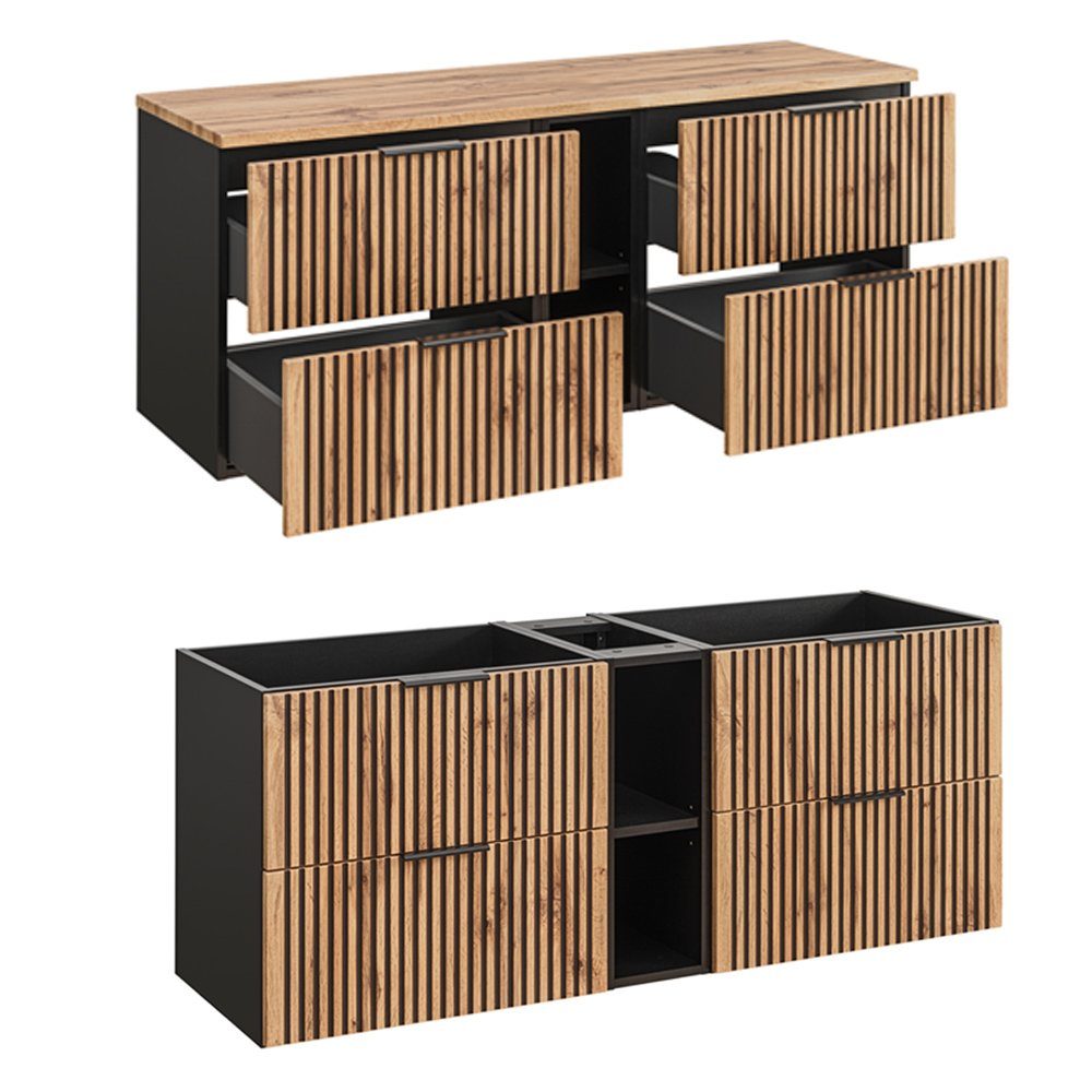 Lomadox Badmöbel-Set XANTEN-56, (Spar-Set, 3-St), anthrazit, Wotan Eiche Nb., schwarz gerillt, Doppelwaschtisch, Spiegel