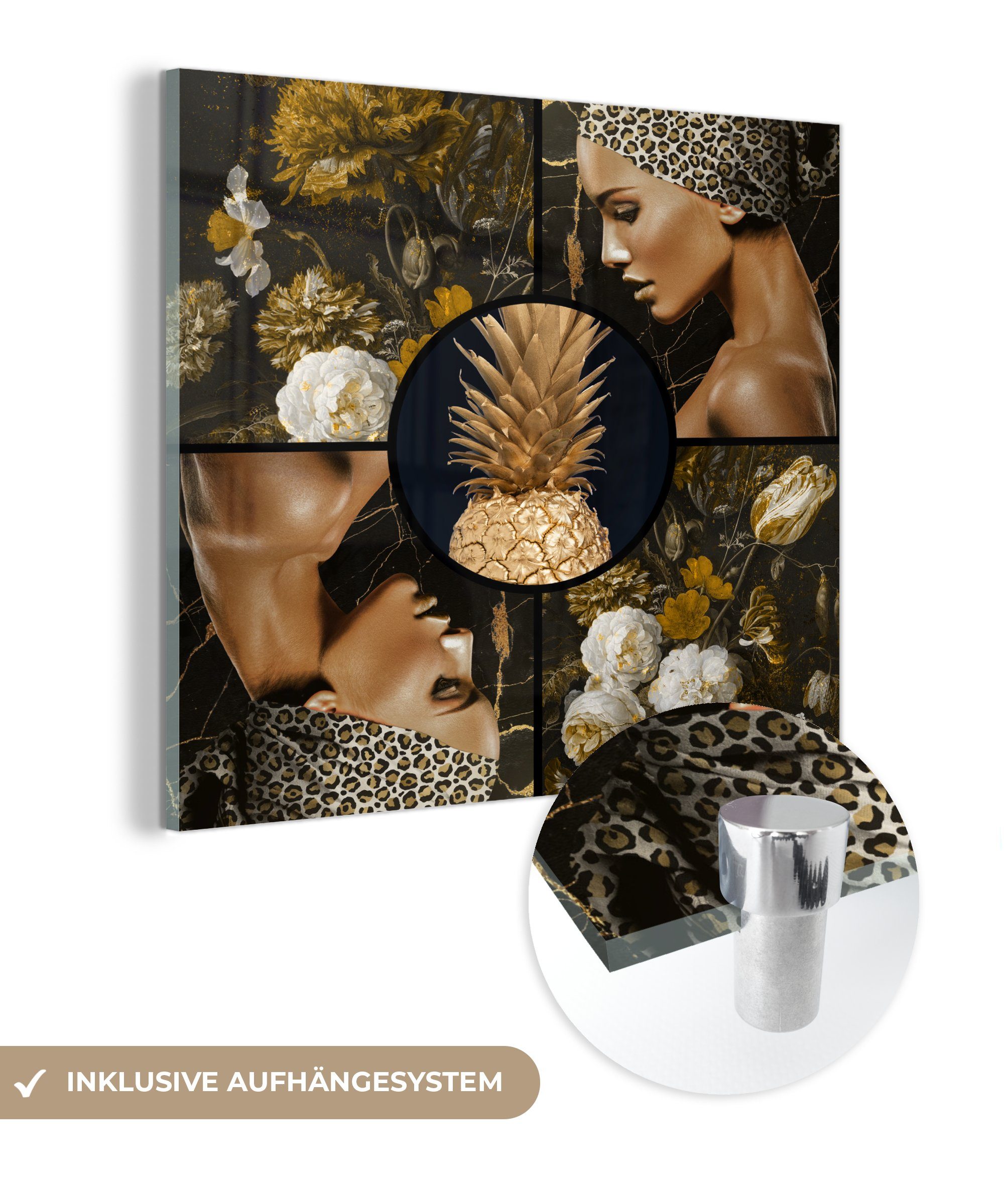 MuchoWow Acrylglasbild Gold - Schwarz - Frauen - Blumen, (1 St), Glasbilder - Bilder auf Glas Wandbild - Foto auf Glas - Wanddekoration