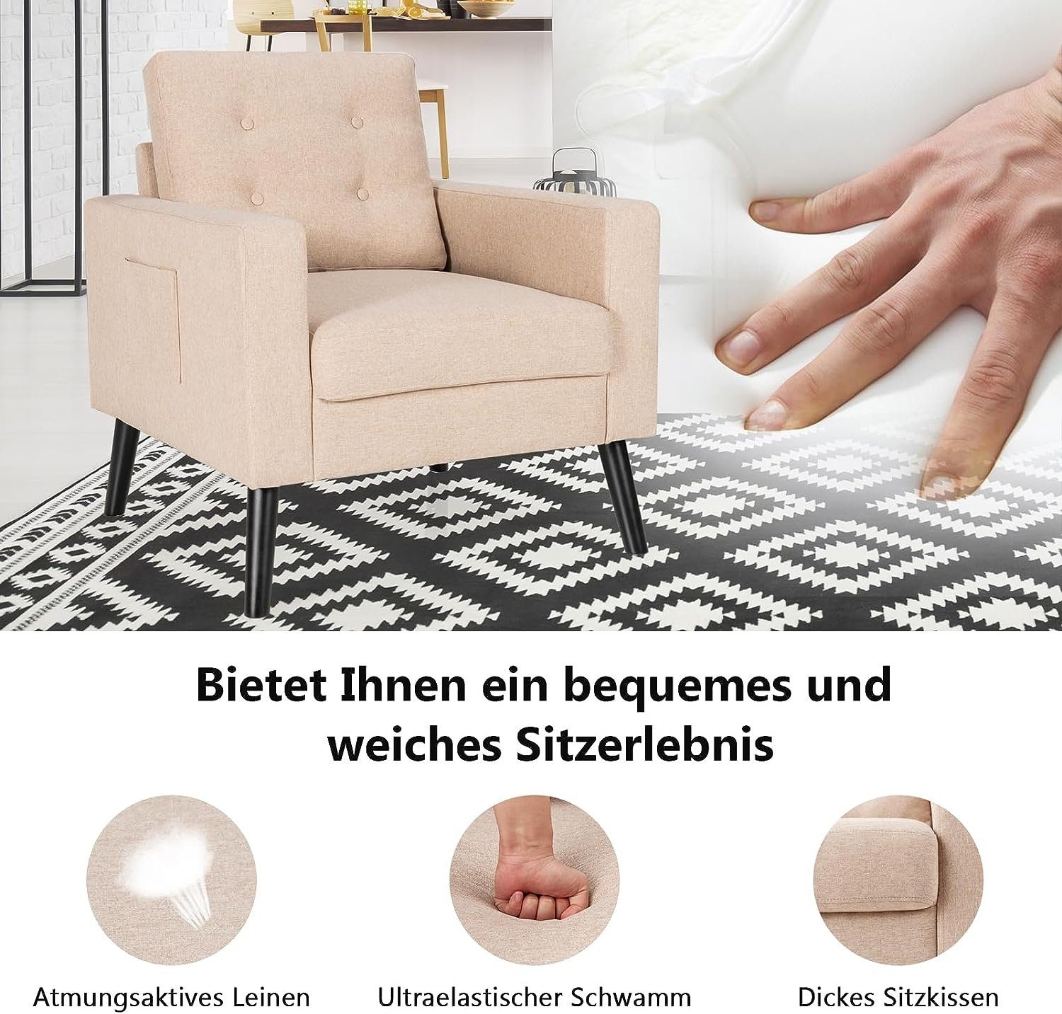 Polsterstuhl, mit Armlehne Relaxsessel KOMFOTTEU Rückenlehne beige &