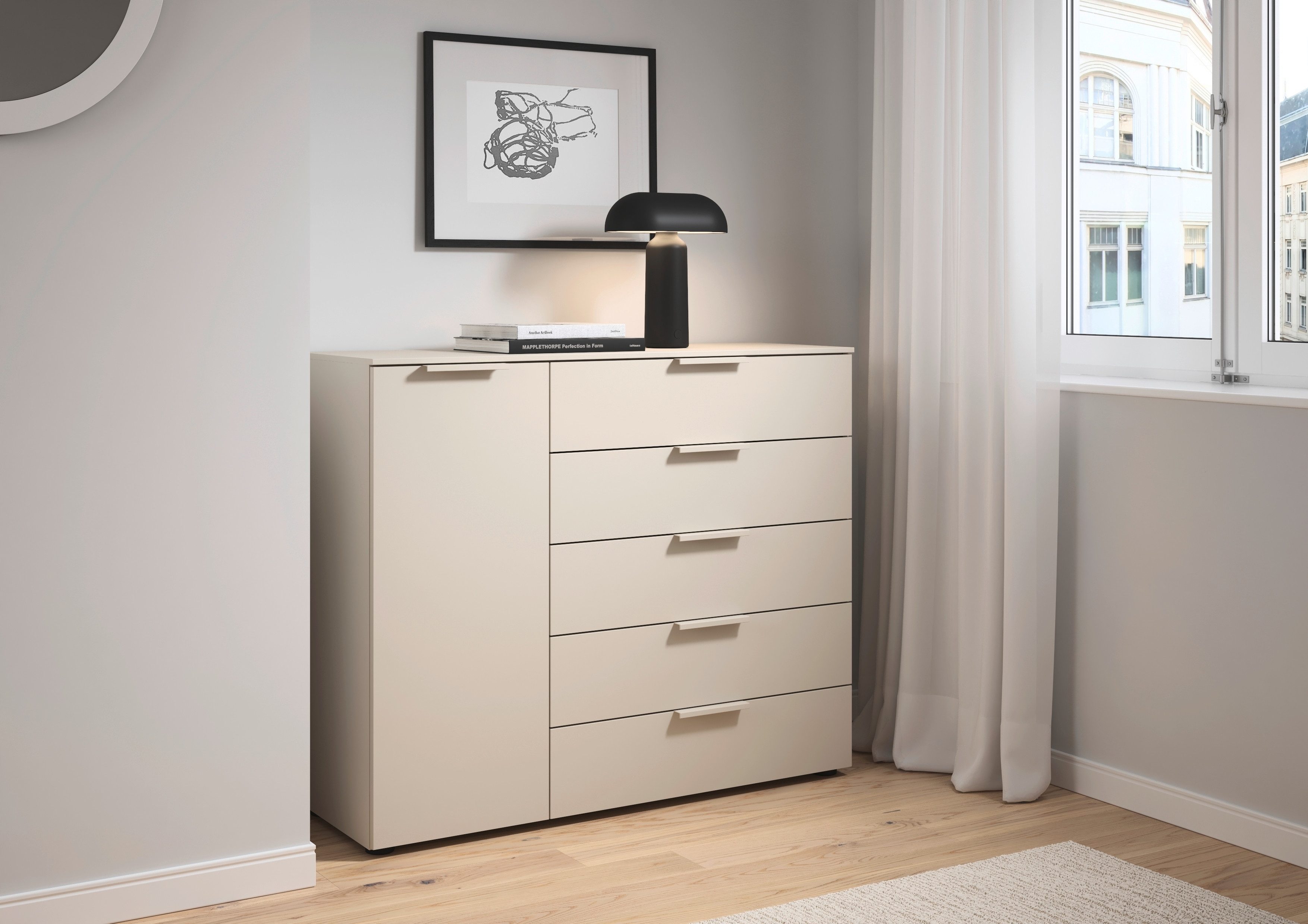 LeGer Home by Lena Gercke Kommode Kommode Sideboard Schubladen Türenkommode SERINA eleganter Eyecatcher, mit 5 Schubkästen und 1 Tür sowie Metallgriffen MADE IN GERMANY
