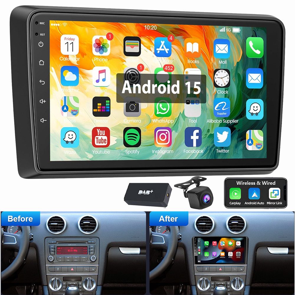ESSGOO Für AUDI A3 8P 2003-2012 Android 15 Carplay GPS Navi Autoradio (RDS, Digitalradio (DAB), FM, 2 DIN Carplay Bluetooth Navigationsgeräte Rückfahrkamera(optional)