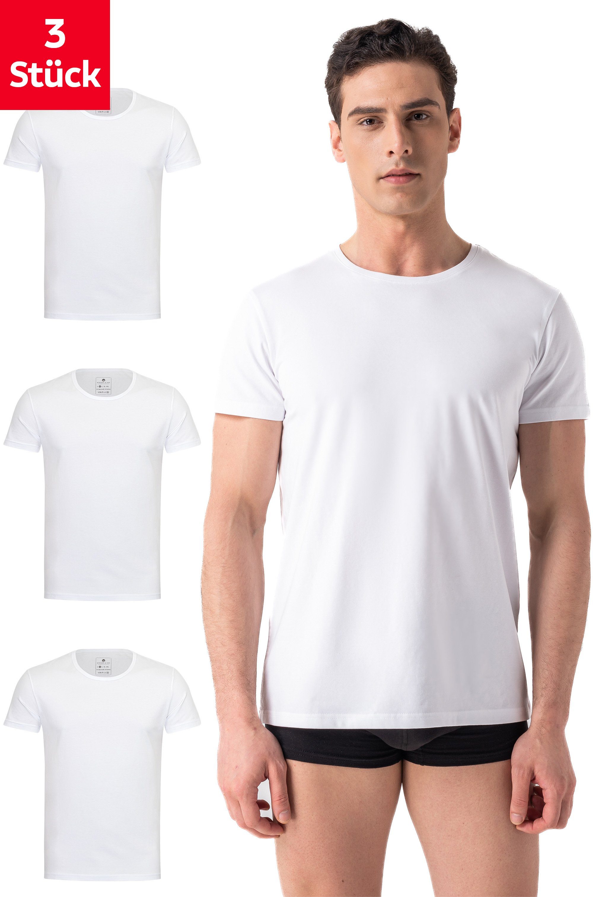 Burnell & Son Unterhemd T-Shirt Business mit Kurzarm und Rundhals für Herren aus Baumwolle (Packung, Set, Spar-Pack, Spar-Packung, Spar-Set, 3-St., 3er-Pack) Feinripp, extra lang Weiß