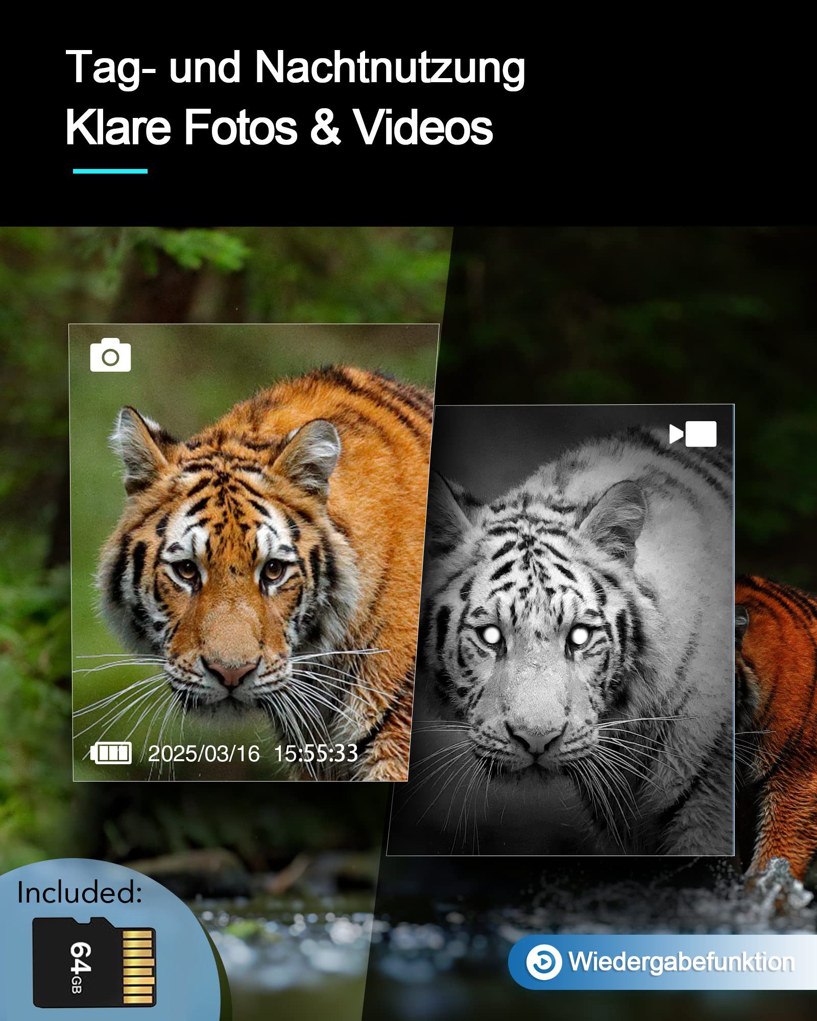 Tekoo Nachtsichtgerät Digitales Nachtsichtgerät Monokular Infrarot mit Kamera & 64GB SD, Sichtweite bis 800m bei Nacht, inkl. 64GB Speicherkarte & Kartenleser