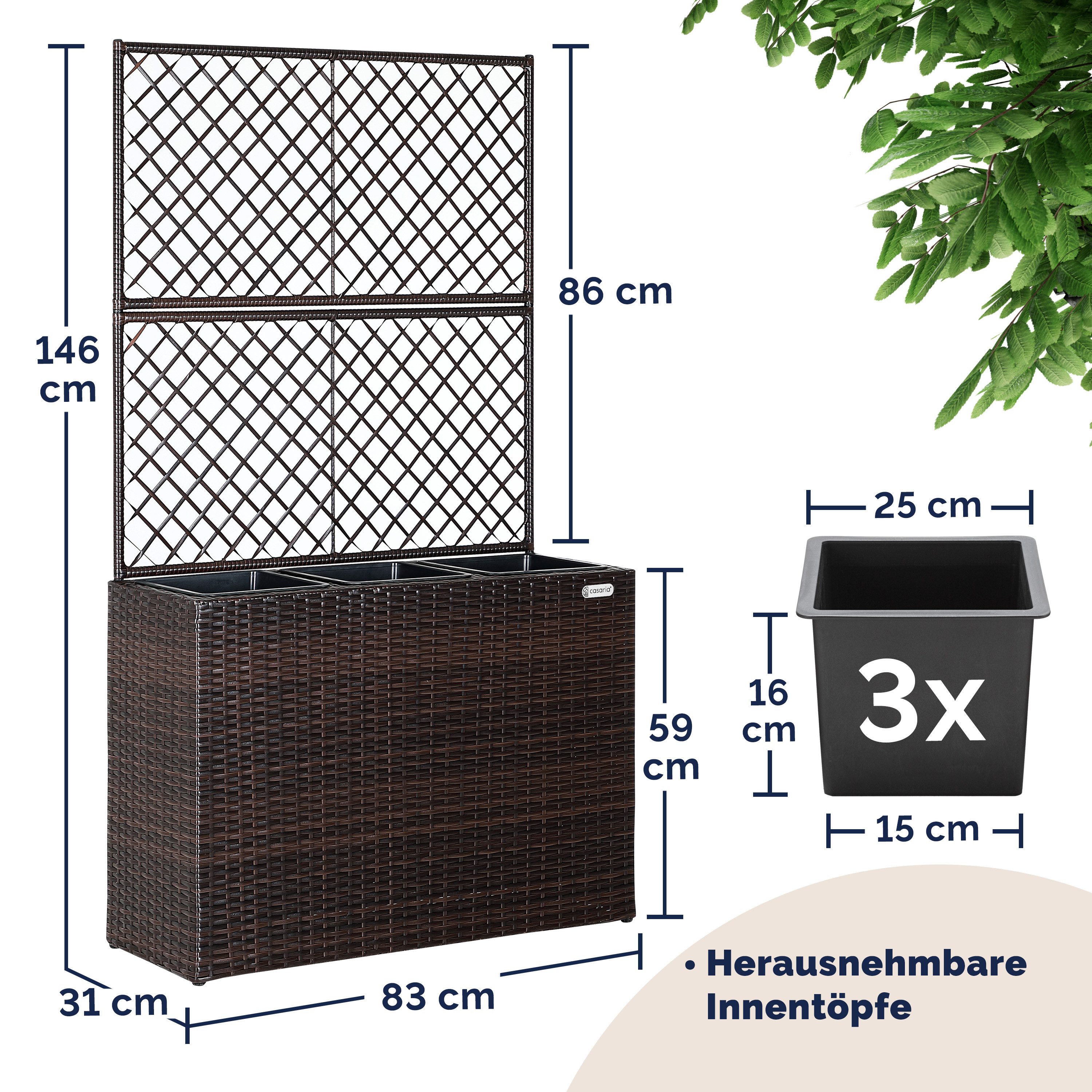Casaria Blumenkasten, Blumenkasten Rankgitter 3 Innentöpfe Polyrattangeflecht Rankhilfe