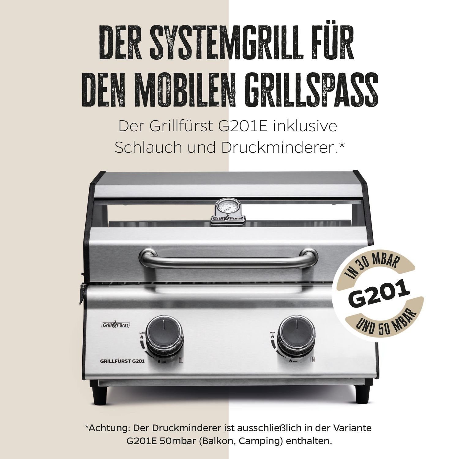 Grillfürst Camping-Gasgrill Grillfürst Gasgrill G201E v2 - / 50mbar portabel 2-Brenner Campinggrill Balkongrill