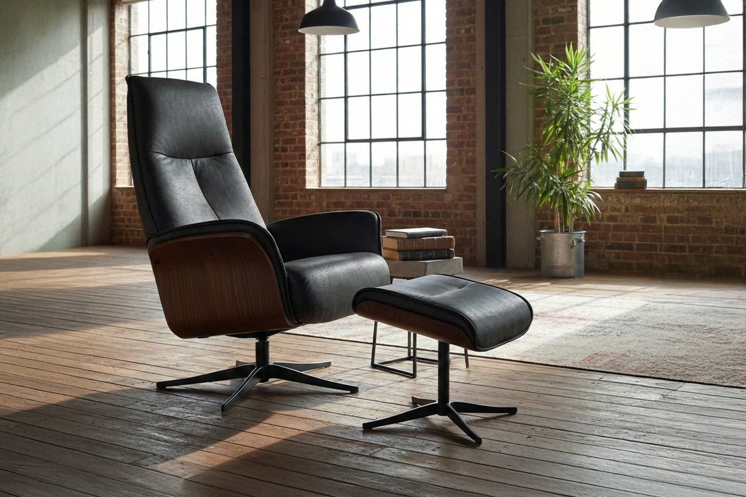 KAWOLA Relaxsessel FERREIRA Leder schwarz Komfort Drehsessel – Bequem, 360° drehbar, Relaxfunktion, Kopfstütze, inklusive Fußhocker