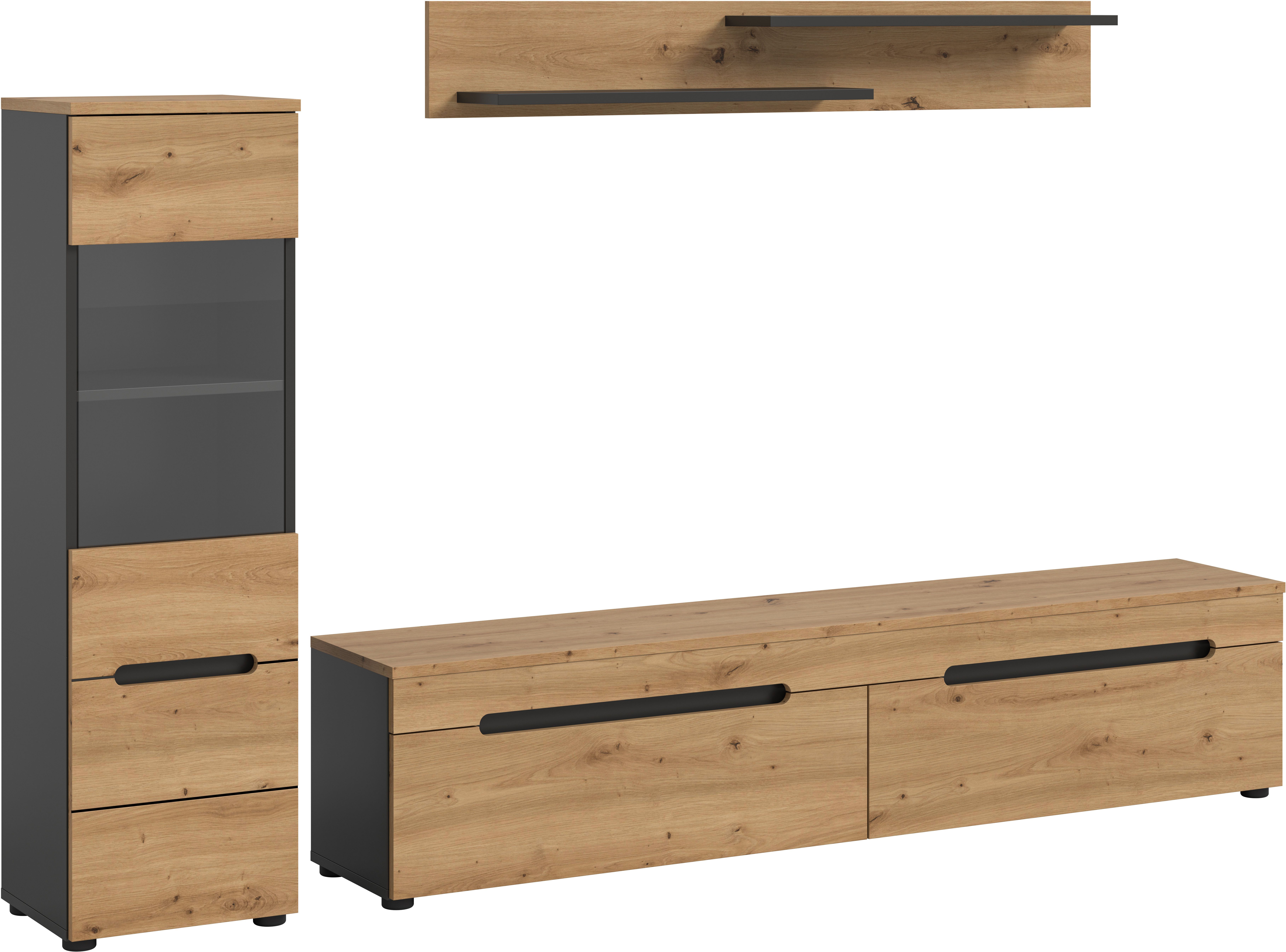 INOSIGN Wohnwand REHAT, TOPSELLER!, 3-teilig, wahlweise stehend und hängend montierbar, (2-St., Set bestehend aus: Vitrine, Lowboard und Wandboard), Kombination, Anbauwand, Set, Wohn-Set, Wohnzimmer-Set, Schrankwand