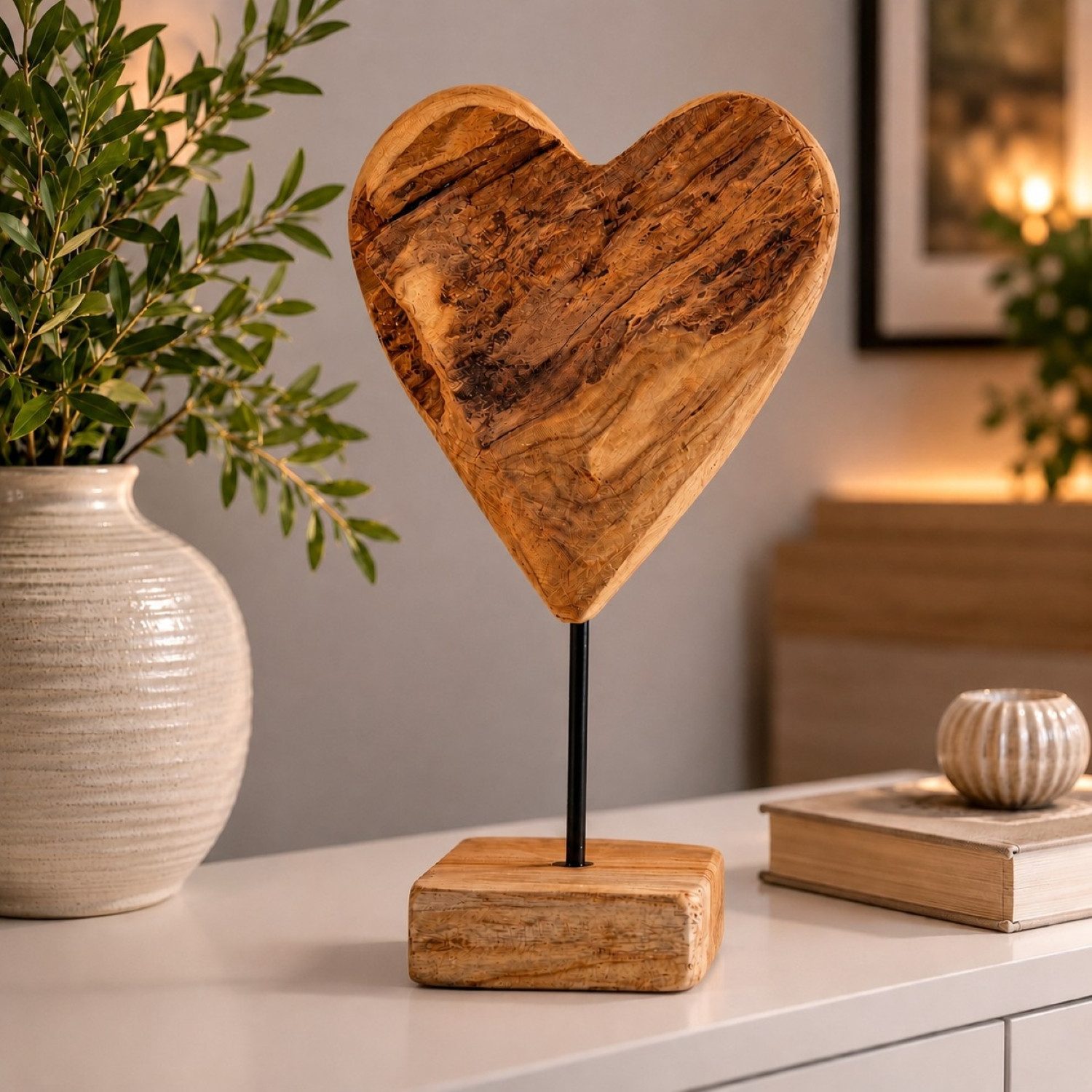 Online-Fuchs Dekofigur Herz aus Teakholz, stehend für Wohnzimmer, Schlafzimmer (40 cm hoch, moderne Dekoration), charaktervolle Holzstruktur mit warmer Ausstrahlung