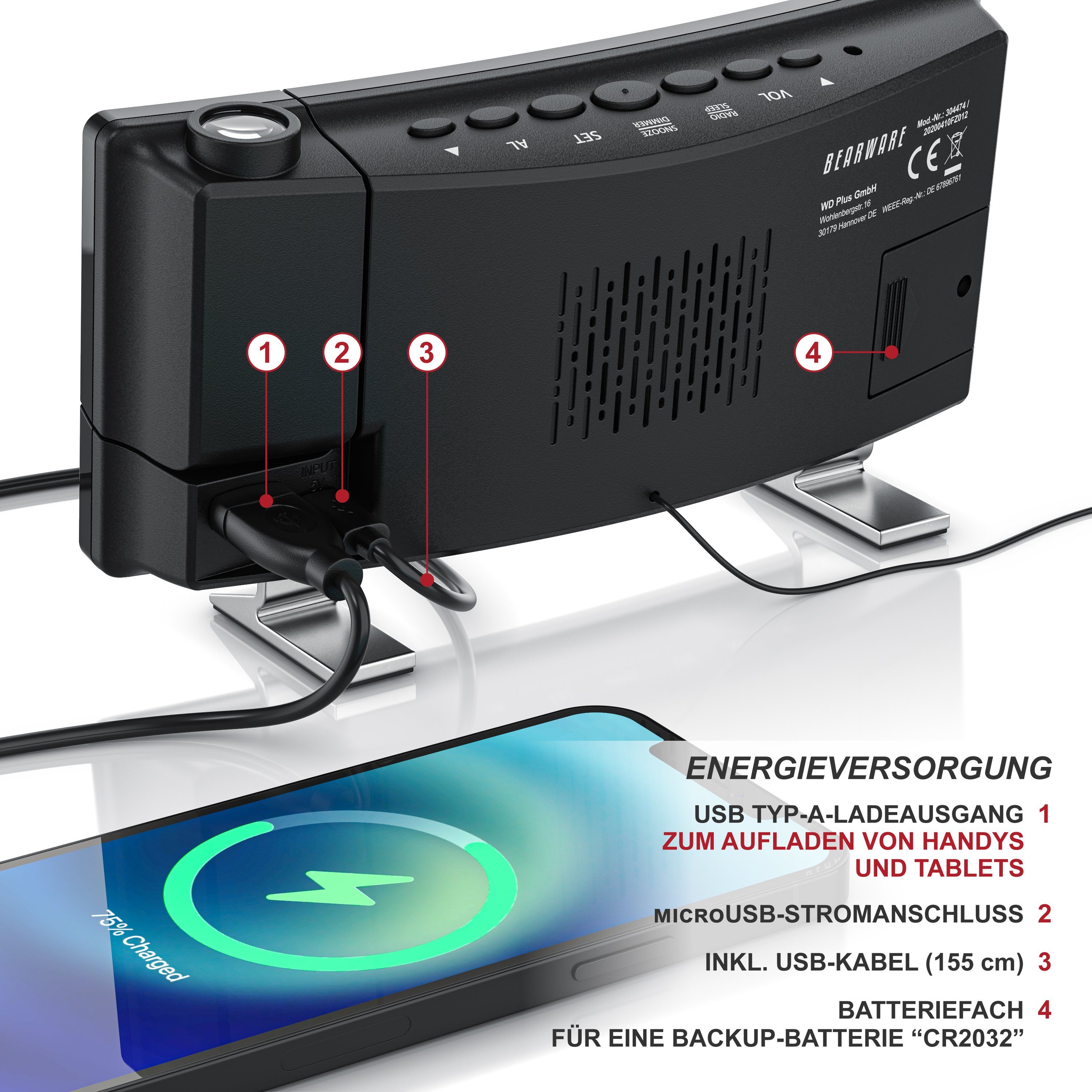 Brandson Projektionswecker FM Radiowecker, Projektionswecker, 2 Alarme, 3 Helligkeiten Projektions Radio Wecker digital, Dimmer, Snooze, 15 FM Radiospeicher