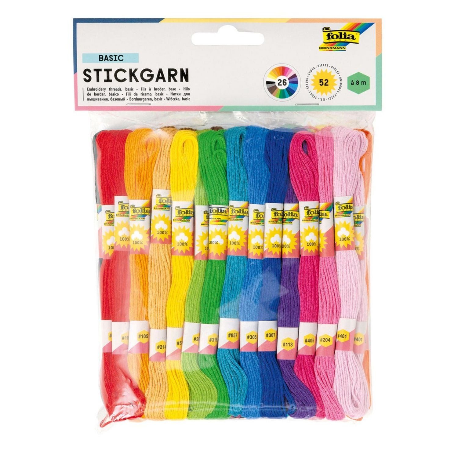 Folia Bastelkartonpapier Folia Stickgarn BASIC, 52 Docken je 8m in 26 Farben