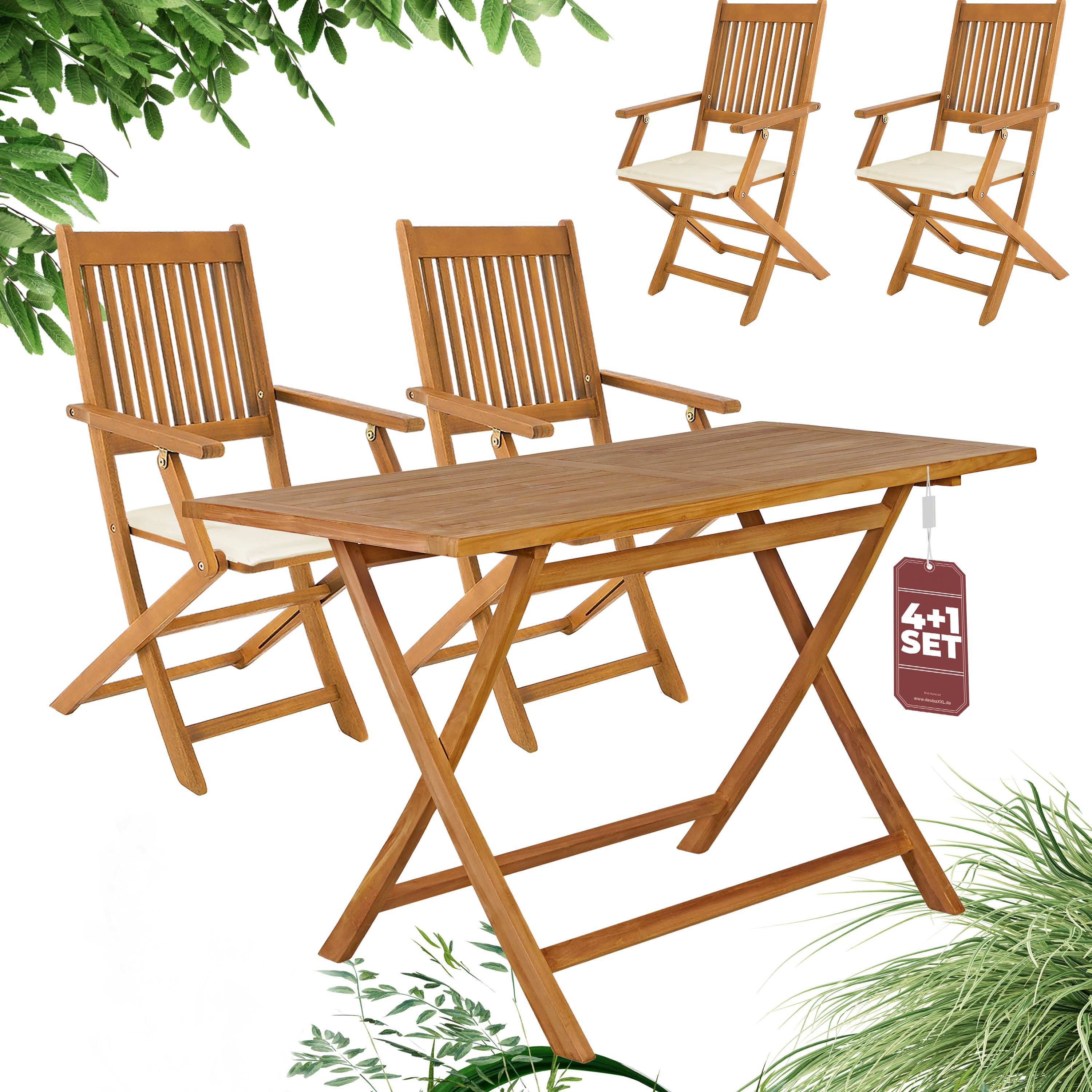Casaria Garten-Essgruppe, Holz Klappbar inkl. Auflagen 4 Personen Teak Akazie Wetterfest