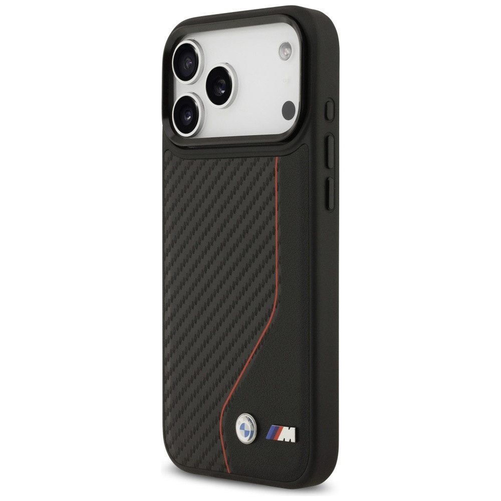 BMW Handyhülle Case iPhone 17 Pro Max MagSafe Carbon-Optik schwarz Streifen Logo 6,9 Zoll, Kantenschutz