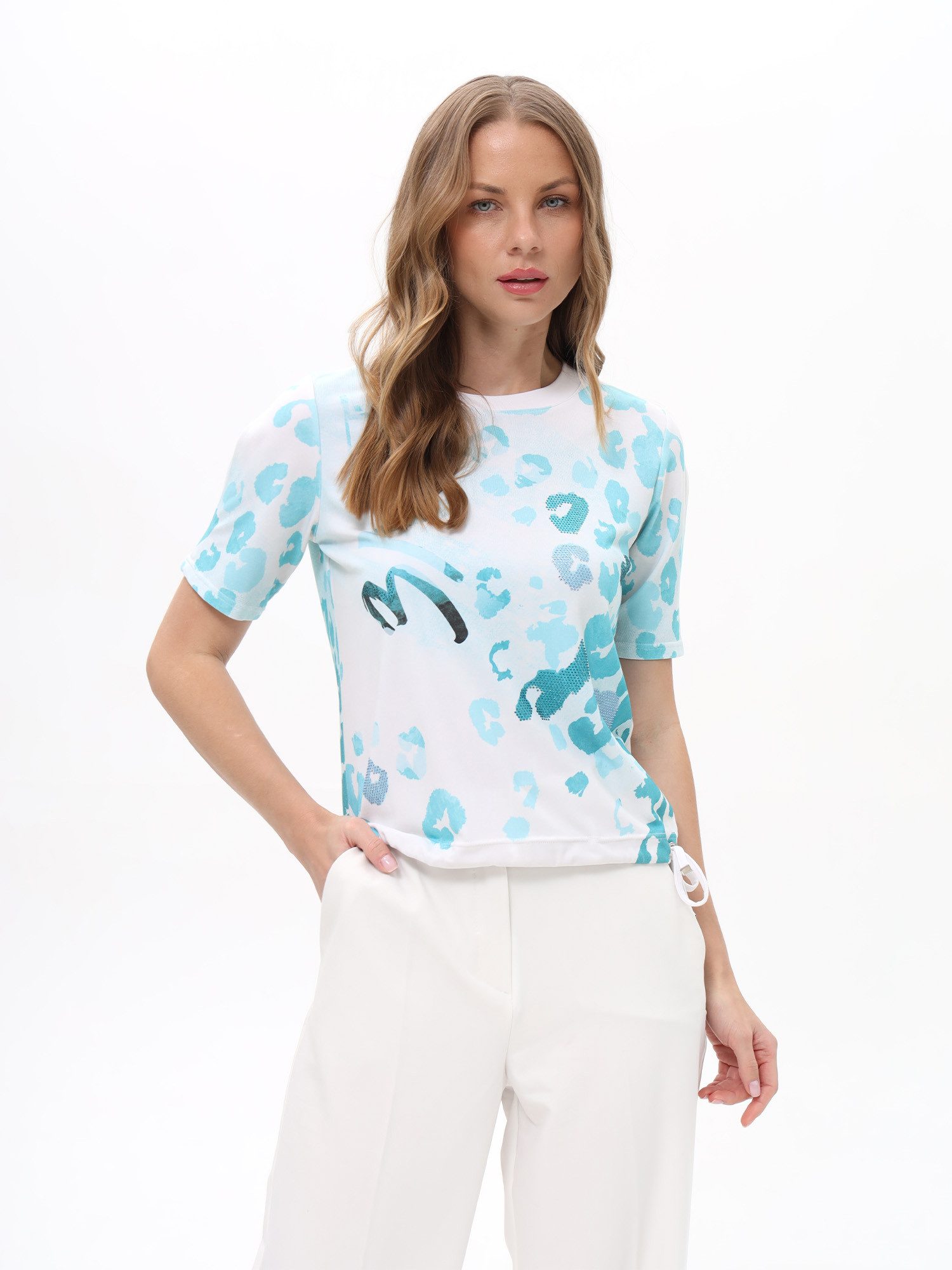 Passioni T-Shirt in weiß mit blauem Leopardenmuster Sommertshirt mit türkisem Print