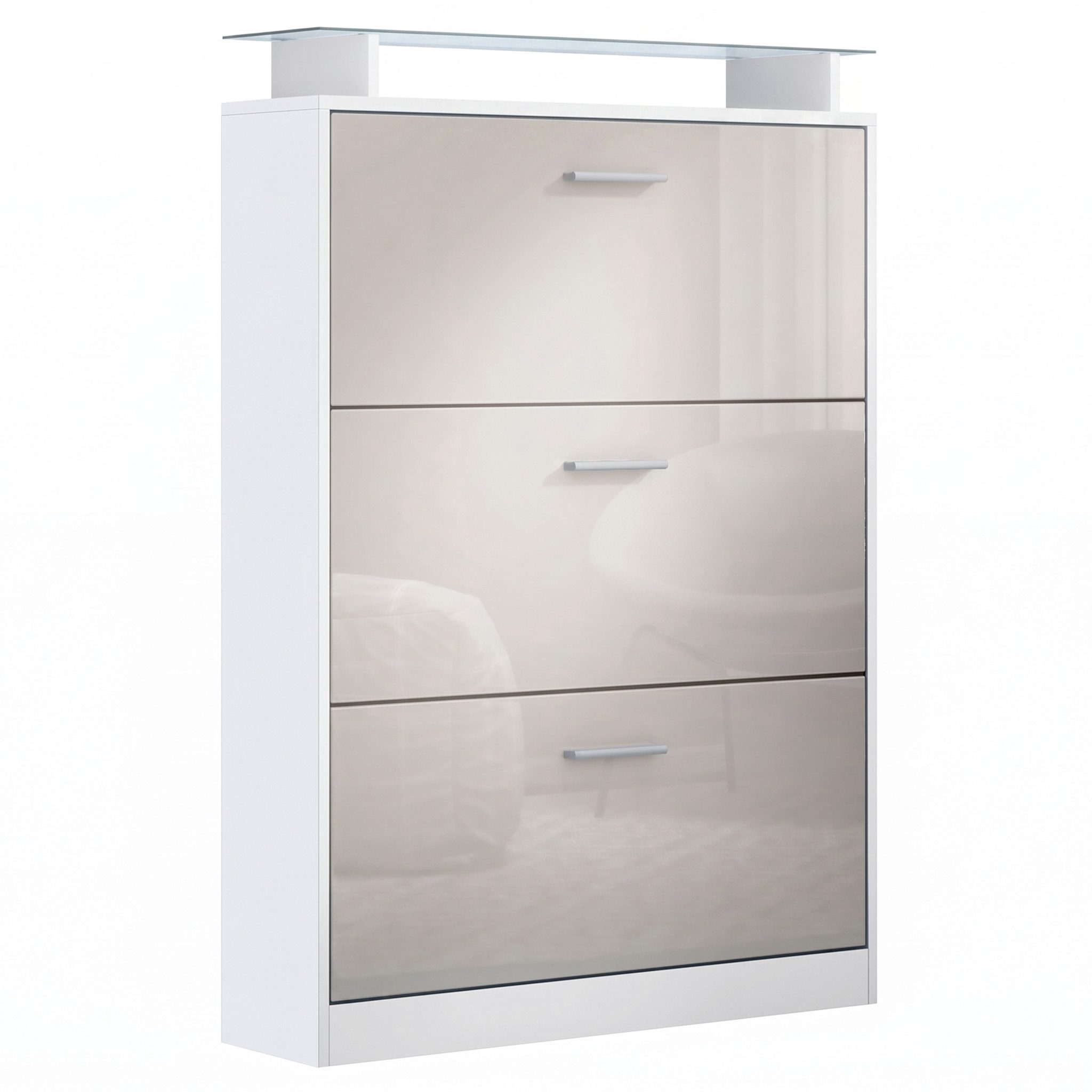 Vladon Schuhschrank Lavia (Schuhkipper, für 24 Paar Schuhe mit 3 Klappen und Glasablage) Weiß matt/Sandgrau Hochglanz (89 x 128 x 23 cm)