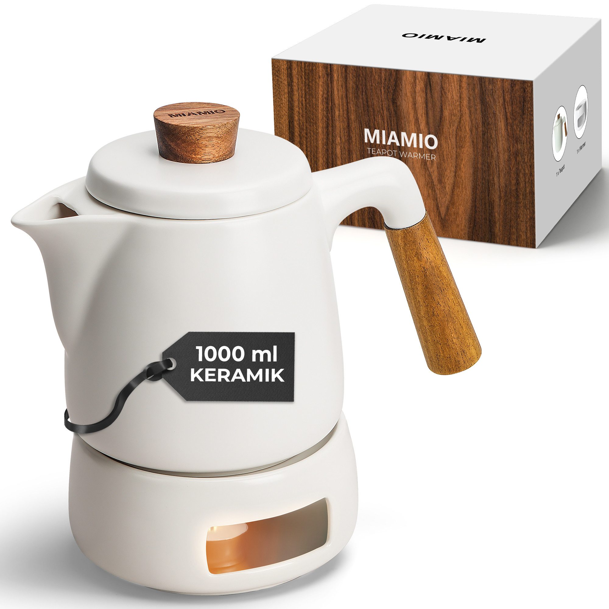 MiaMio Teeservice Teekanne mit Stövchen Set (1L/1000 ml) mit Siebeinsatz Weiß
