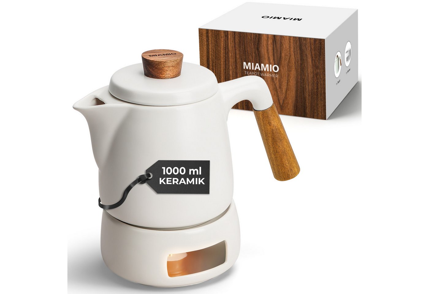 MiaMio Teeservice Teekanne mit Stövchen und Siebeinsatz, 1 l, Weiß (3-tlg), Keramik, mit Stövchen und Siebeinsatz, 1 l