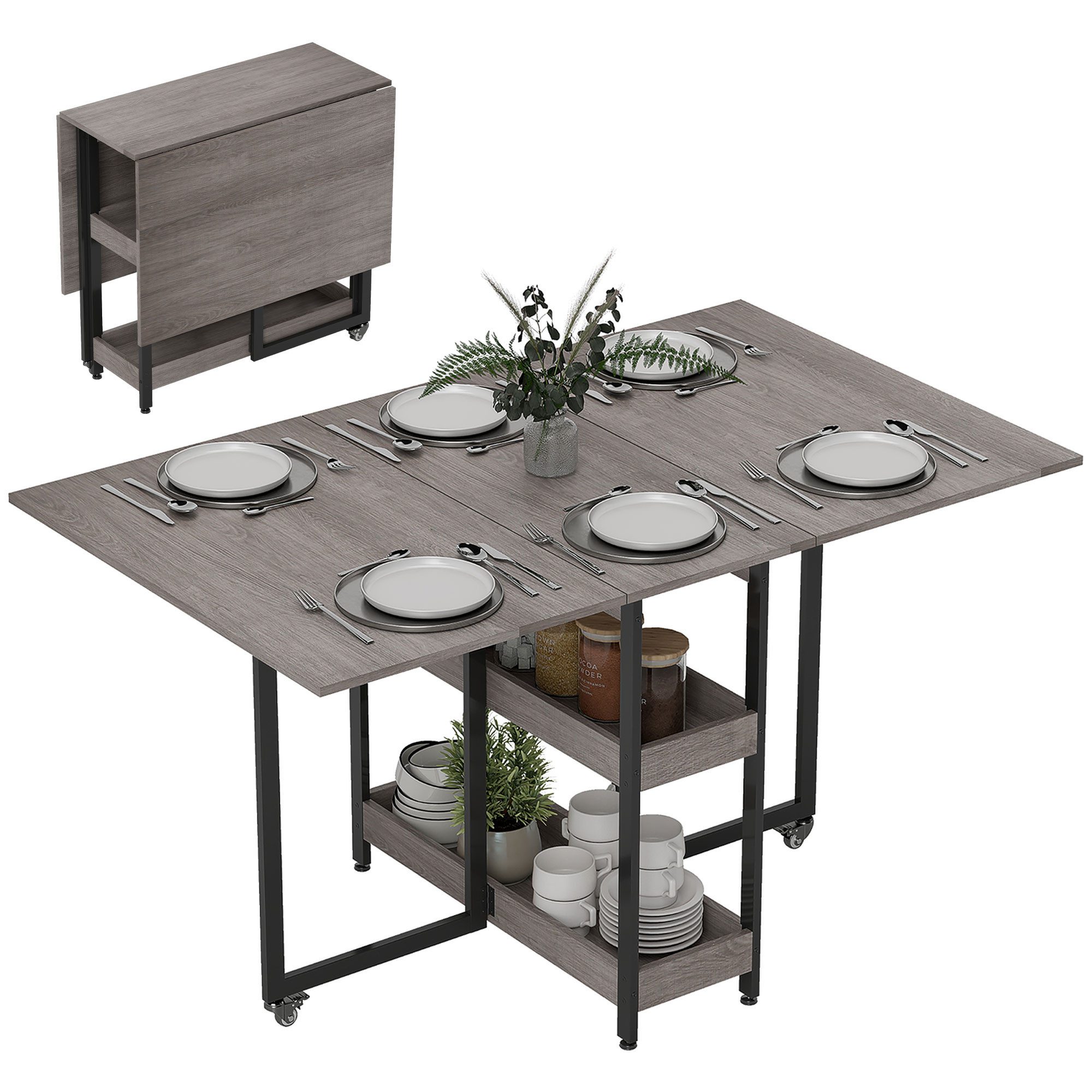 HOMCOM Klapptisch Esstisch Klappbar für 2-4 Personen mit 2 Offenen Ablagen (Küchentisch, 1-St., Mobiler Esszimmertisch), für Kleine Räume, Esszimmer, Küche 133,4 x 80 x 74 cm Grau
