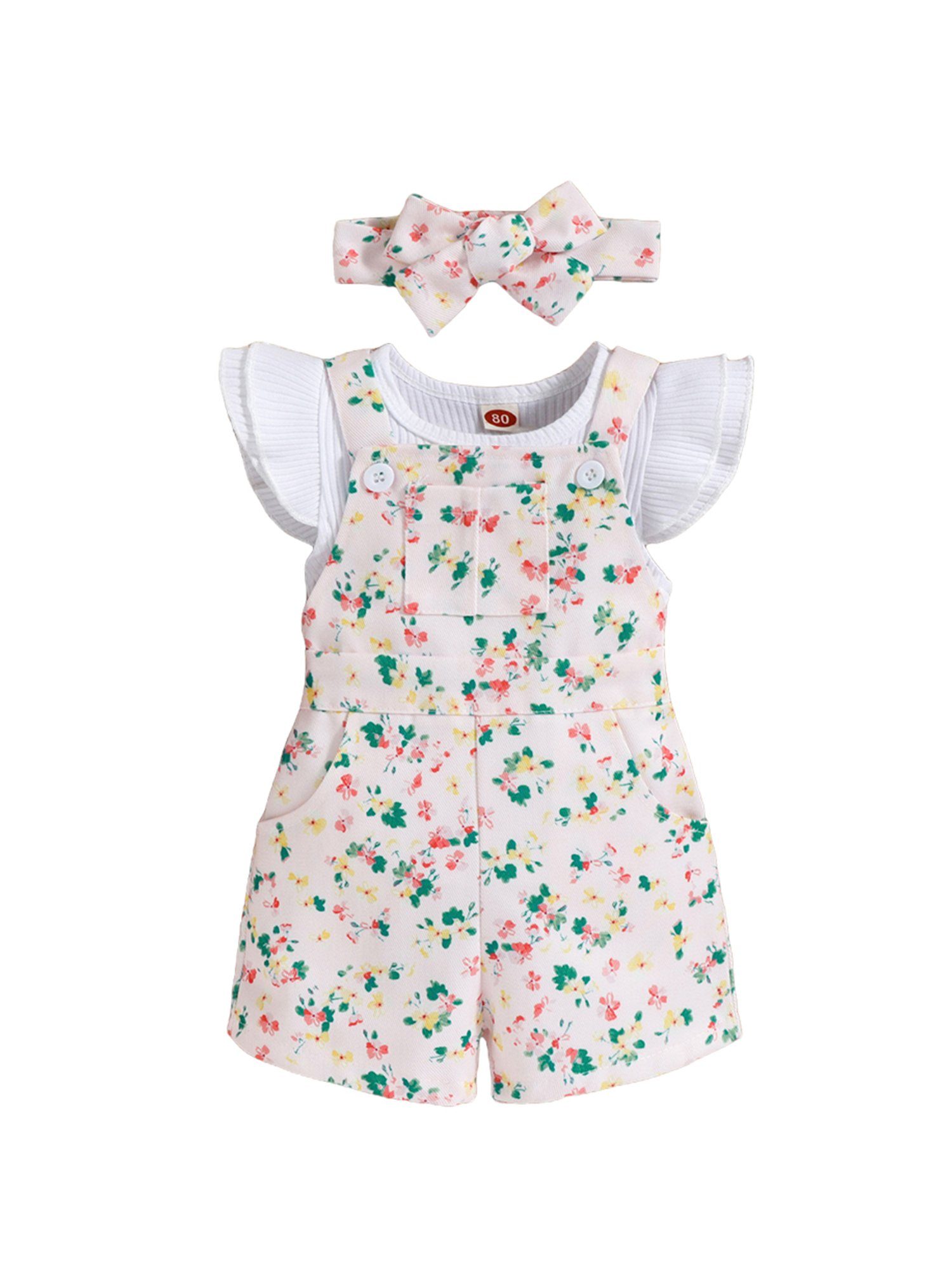 LAPA Shirt & Shorts Baby Kurzärmliger Sommeranzug, 3-tlg mit Blumendruck Rosa