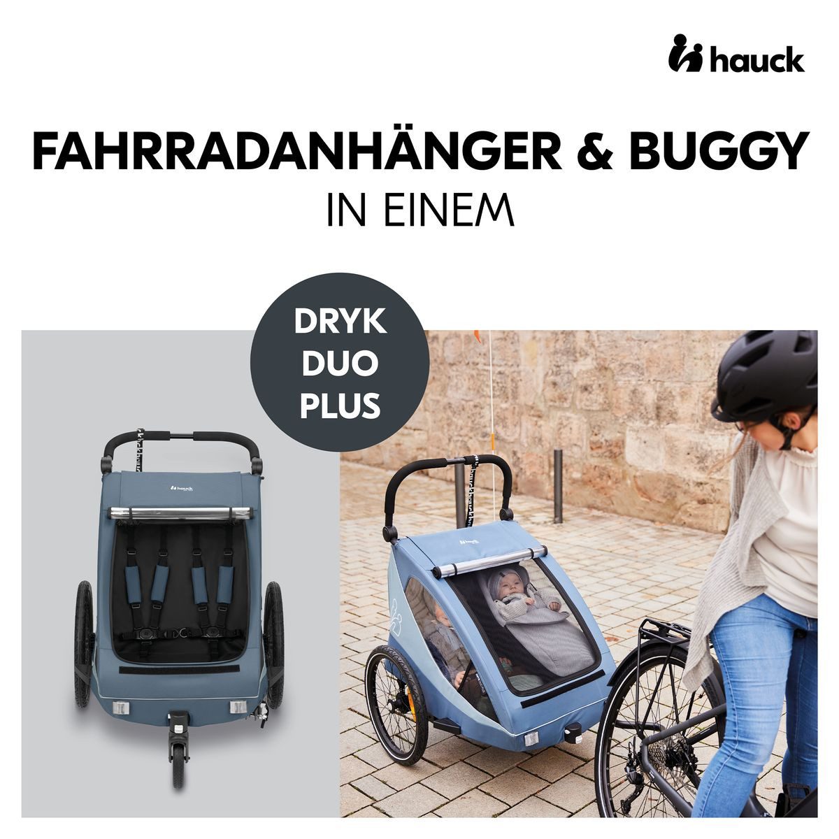 Hauck Fahrradkinderanhänger Dryk Duo Plus - Dark Blue, Fahrradanhänger Buggy für 2 Kinder mit Regen-& Sonnenschutz bis 44 kg