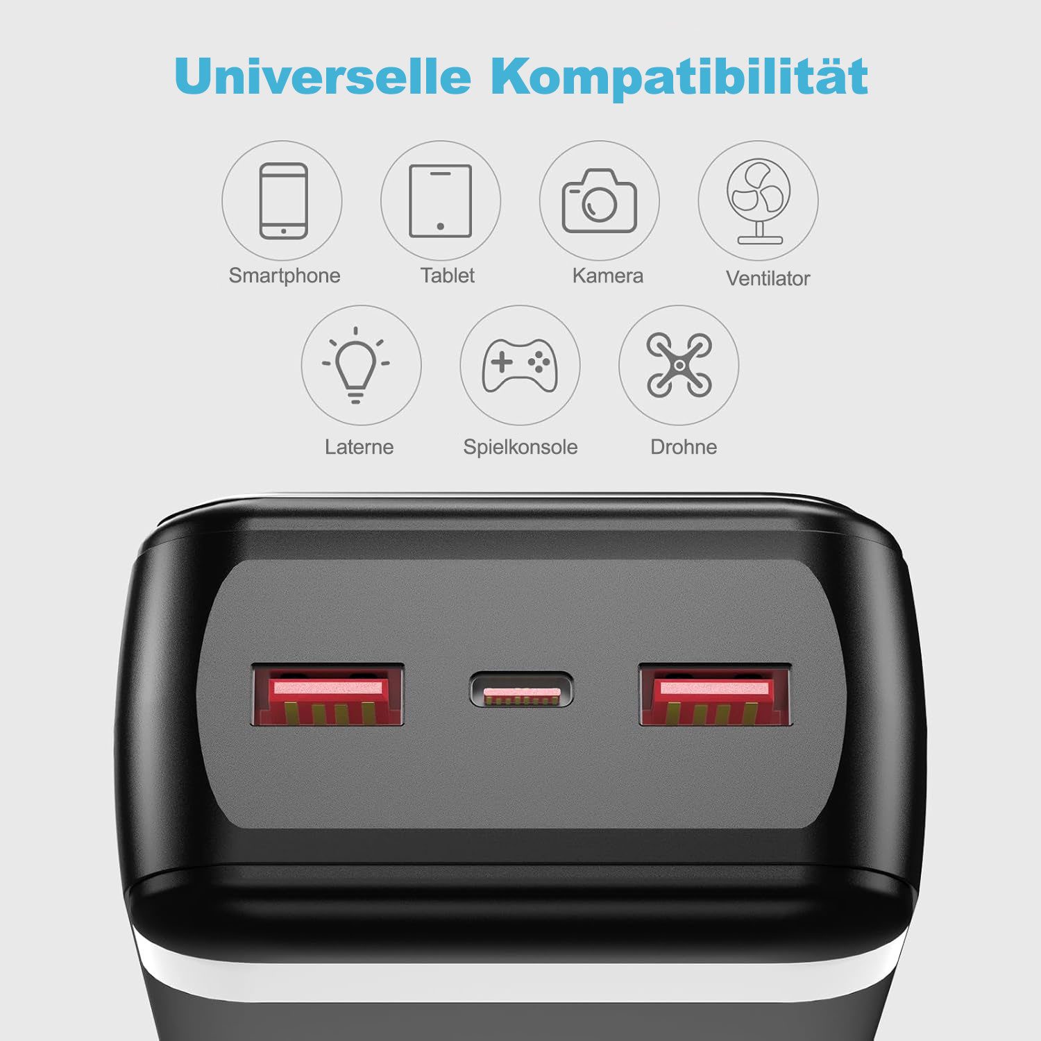 Pdgrid 50000 mAh, 22,5 W, Schnellladefunktion, tragbare hoher Kapazität Powerbank 50000 mAh (3 V), 3 Eingänge: USB-A ×2 ; Typ-C ×1, Mit Beleuchtung und LED-Anzeige